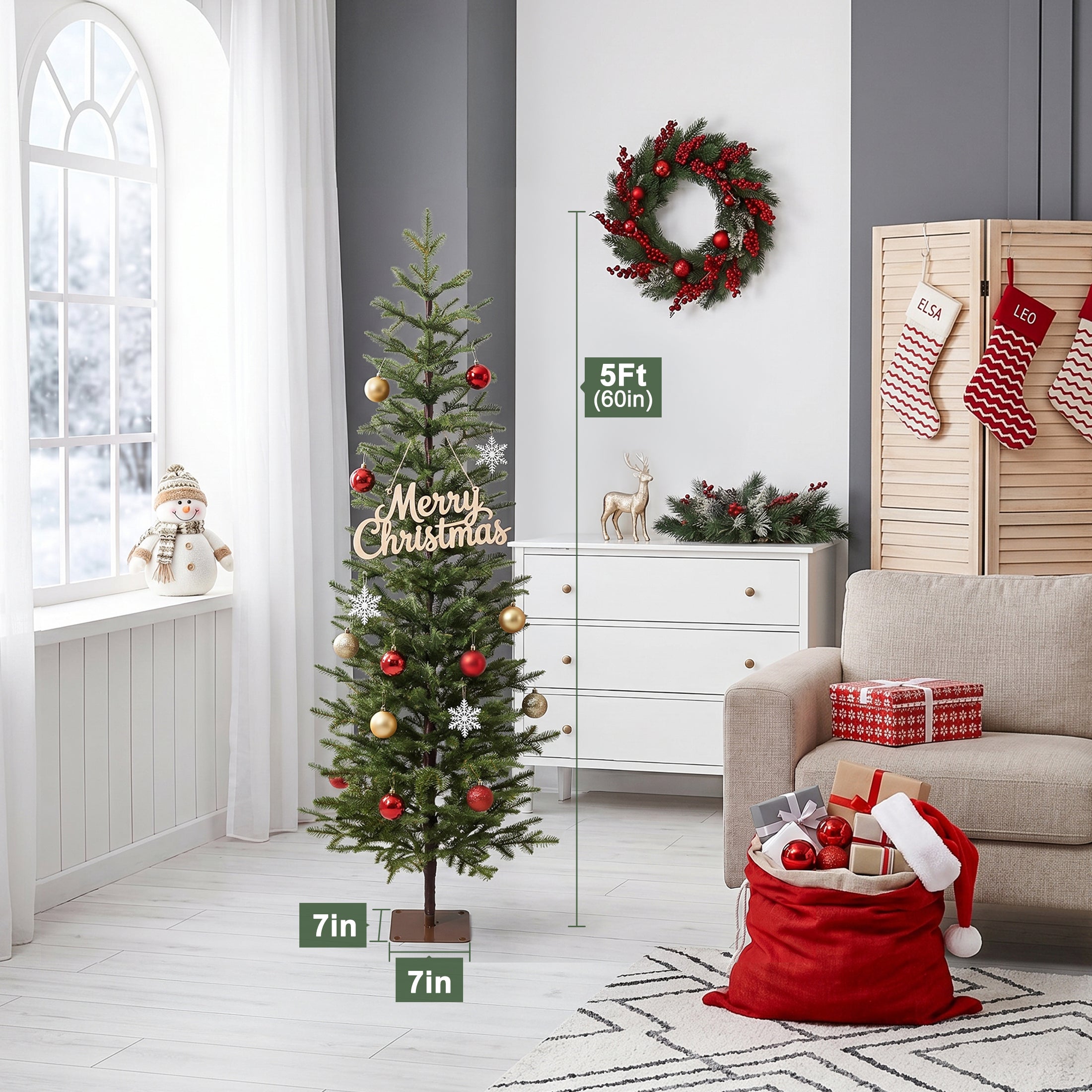 VeriNatural 5/6/7FT Pencil Christmas Tree, Slim Artificial Christmas Tree with Realistic PE Branch Tips, Available Pre-Lit or Unlit, Metal Stand, Indoor Holiday Decoration for Apartment, Entryway, Corner & Office