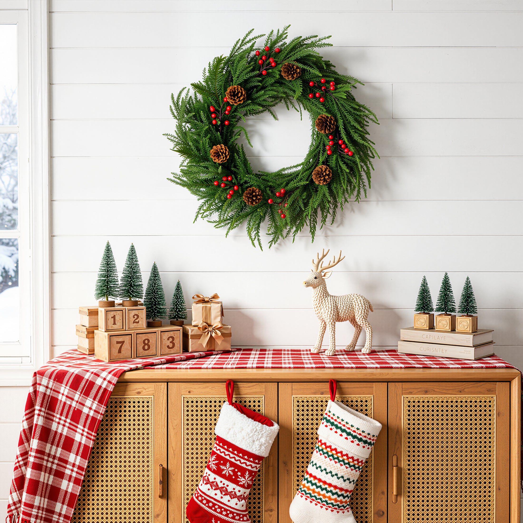 VeriNatural 24" Pre-Lit Red Berry & Pinecone Christmas Wreath with 57 PE Branches – Realistic Norfolk Pine Garland Ring for Front Door & Indoor Wall Decor