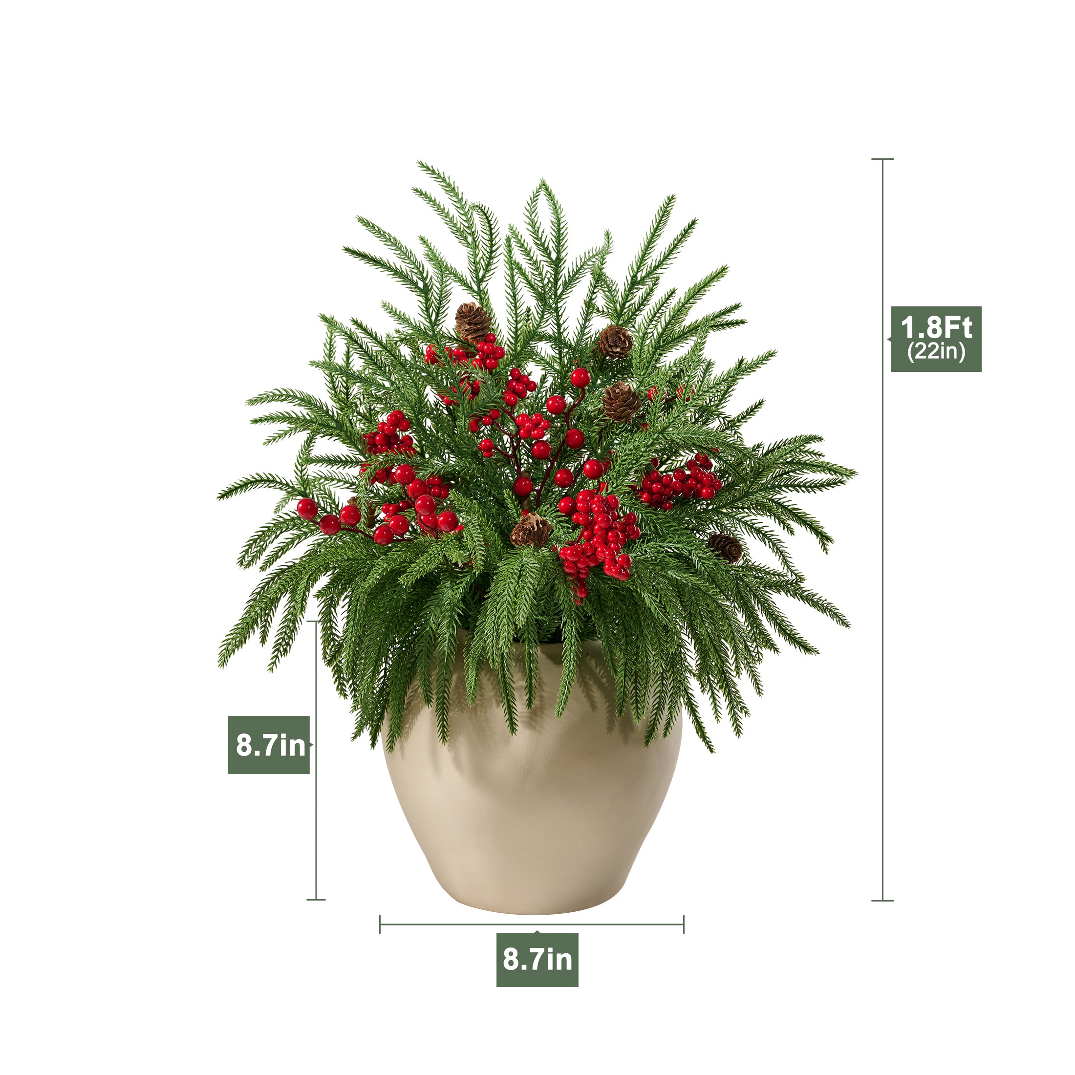 VeriNatural 22" Red Berry & Pinecone Artificial Christmas Plant in Decorative Pot – Realistic Norfolk Pine Centerpiece with 300 PE Leaves, Indoor Holiday Tabletop Decor