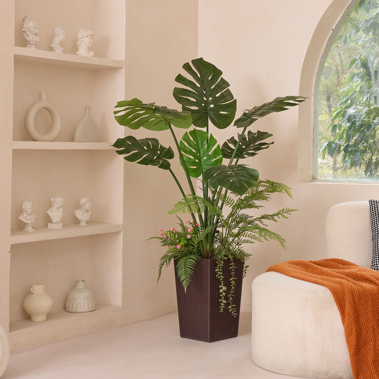 VeriNatural 4FT Mixed Fern and Monstera Deliciosa Artificial Plants with Black Taper Planter for Indoor & Outdoor (VN150)