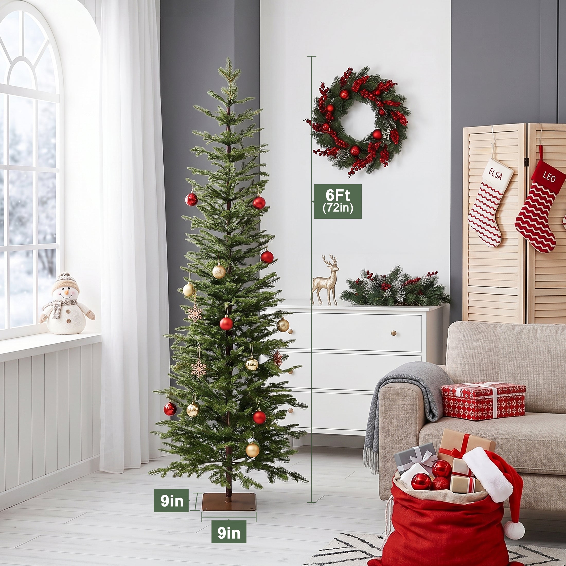 VeriNatural 5/6/7FT Pencil Christmas Tree, Slim Artificial Christmas Tree with Realistic PE Branch Tips, Available Pre-Lit or Unlit, Metal Stand, Indoor Holiday Decoration for Apartment, Entryway, Corner & Office