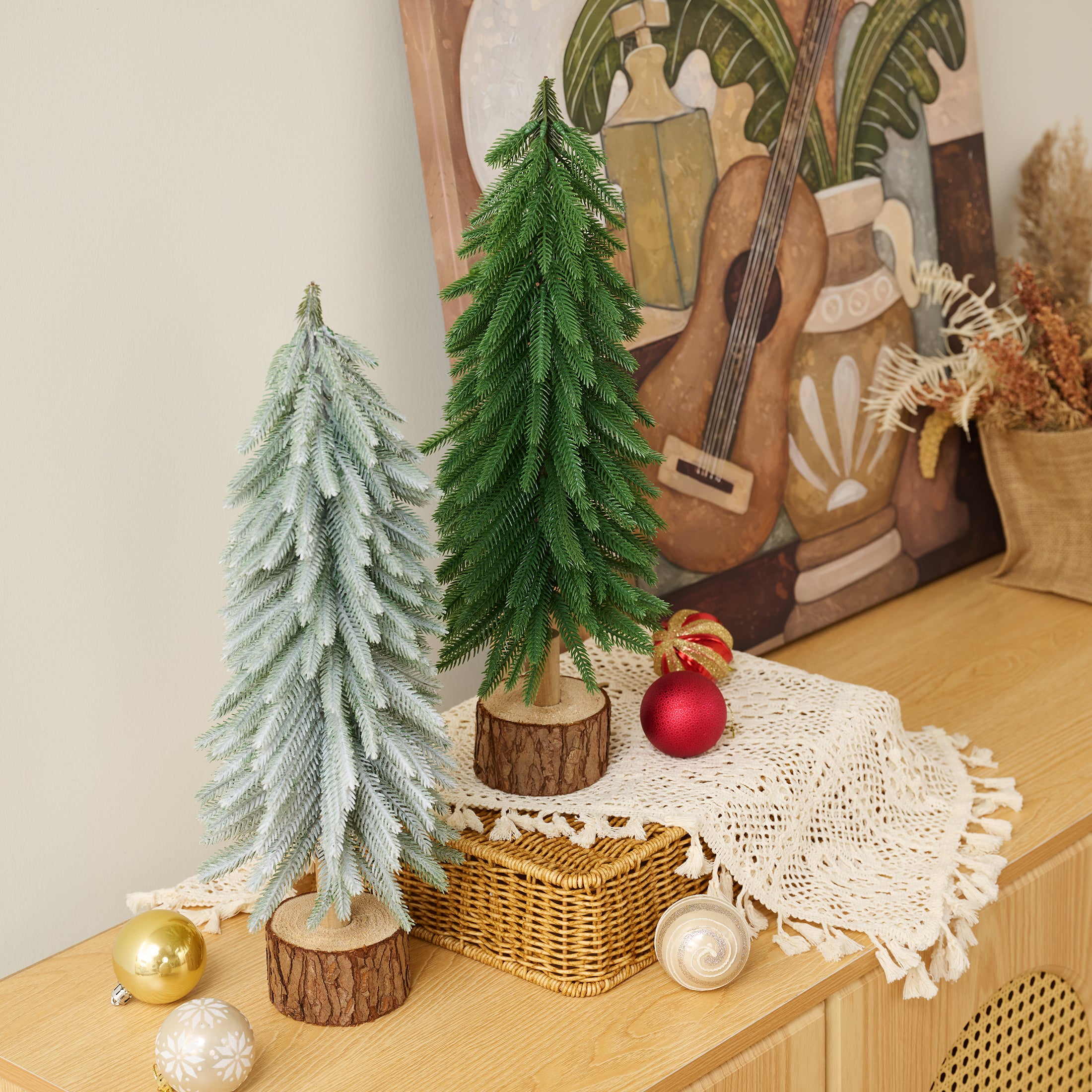 VeriNatural Mini Pine Tree 2-Pack – 19 Inch Tabletop Christmas Trees with Wood Base, Green & Snowy White PE Artificial Mini Trees for Mantel, Shelf, Office & Christmas Home Decor