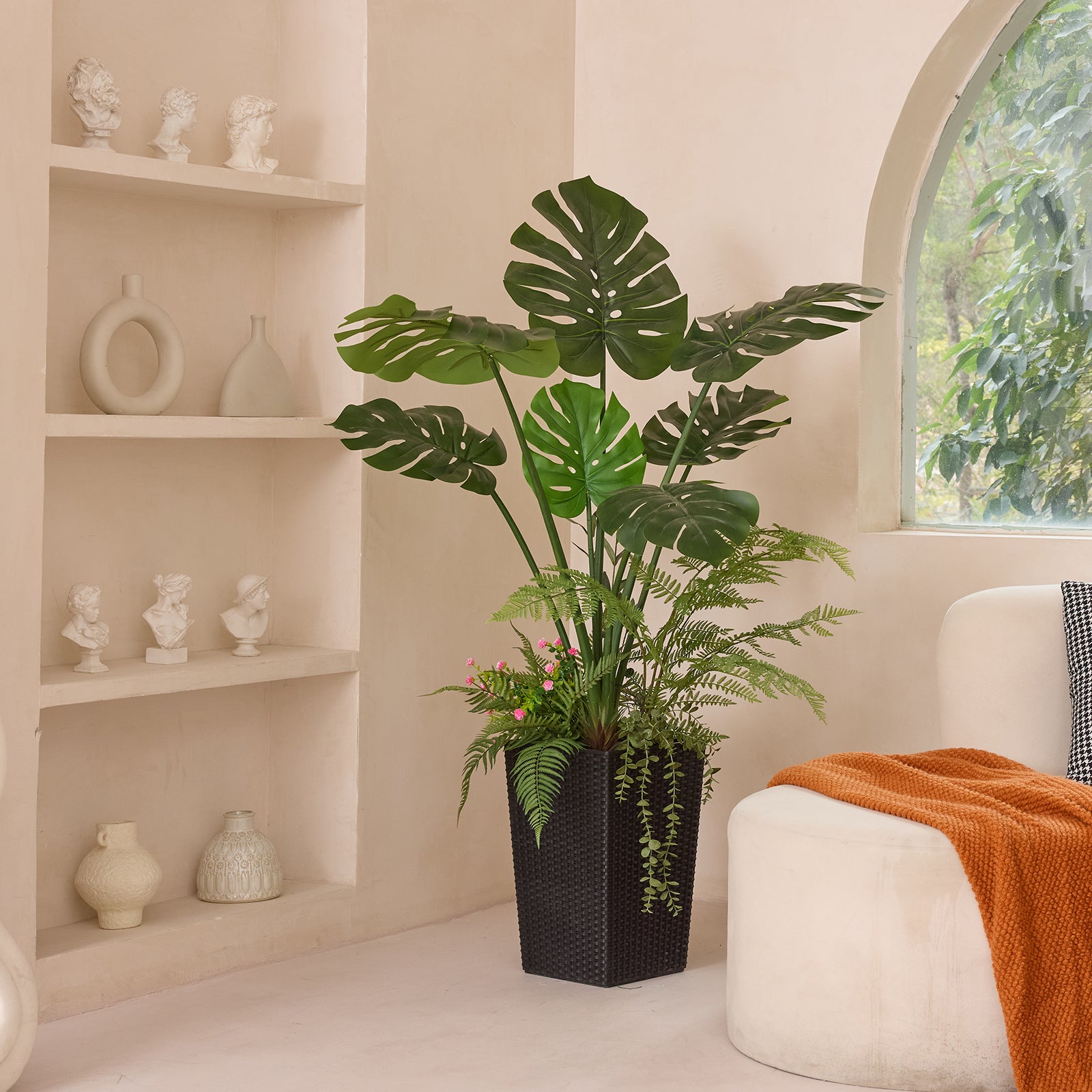 VeriNatural 4FT Mixed Fern and Monstera Deliciosa Artificial Plants with Black Taper Planter for Indoor & Outdoor (VN150)