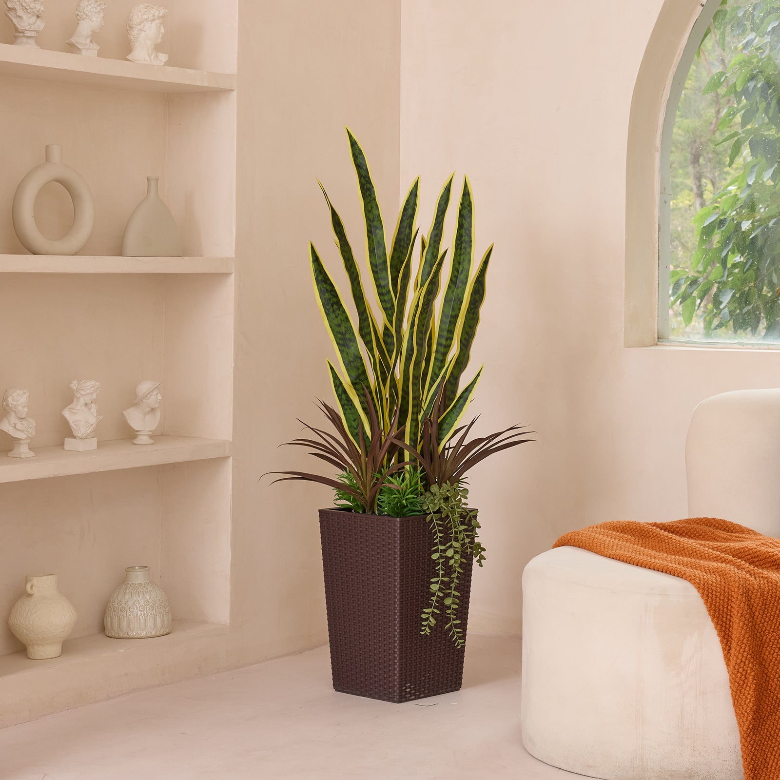 VeriNatural 4FT Mixed Greens and Snake Artificial Plants with Black Taper Planter for Indoor & Outdoor （VN152）