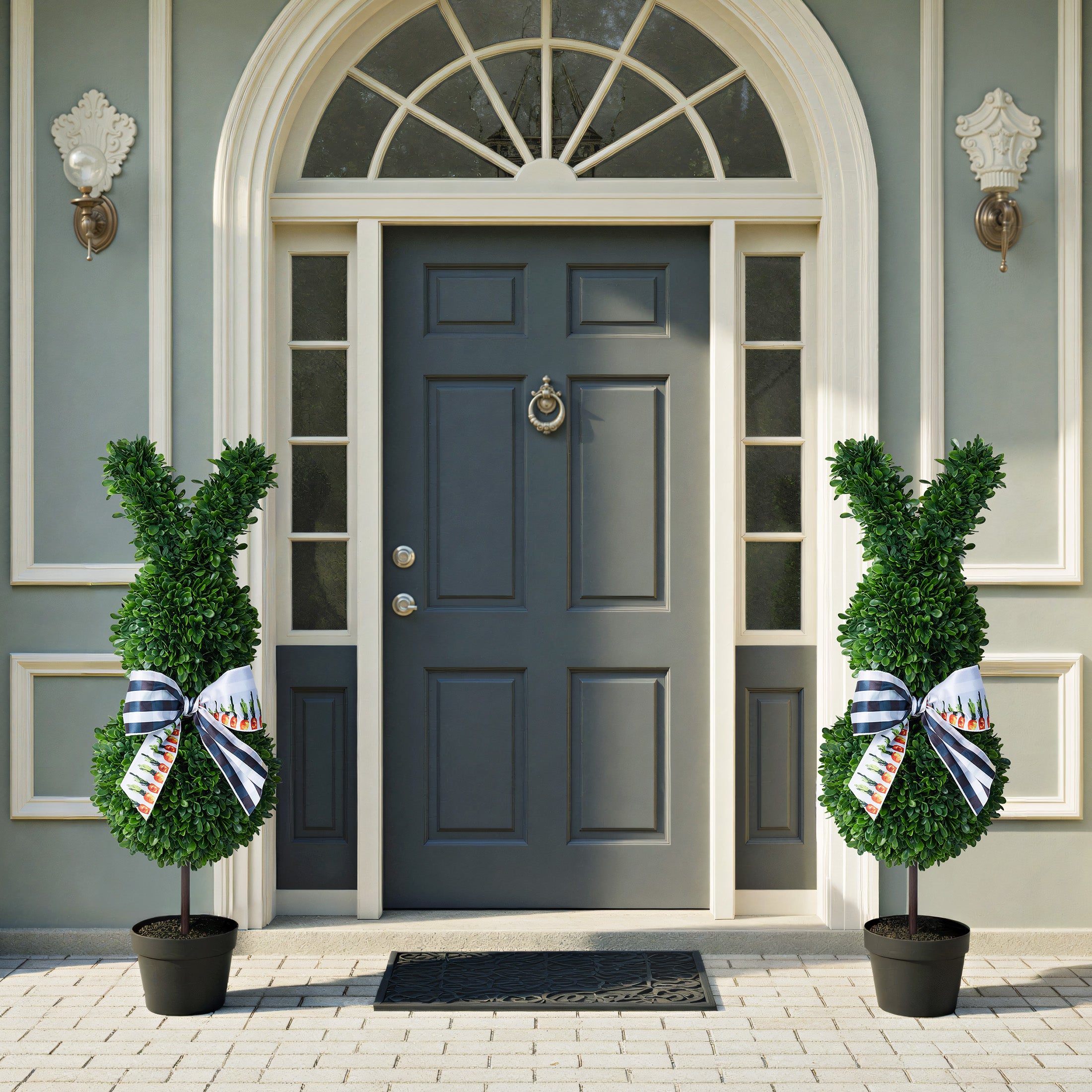 VeriNatural 2 Pack 36-inch Artificial Boxwood Easter Bunny Topiary in Weighted Black Pot, UV-Resistant Faux Plant for Indoor Outdoor Spring Decor