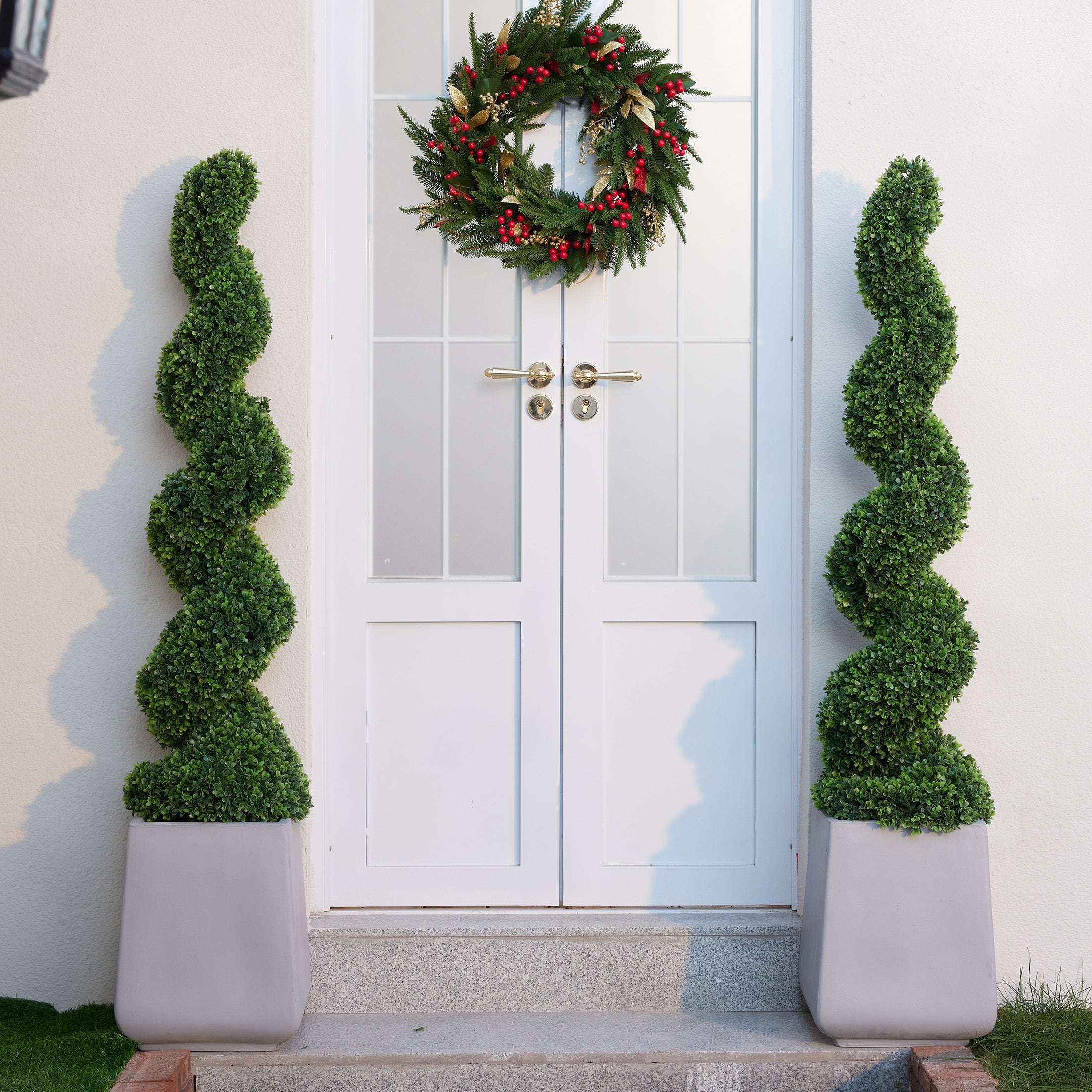 VeriNatural 1/2 Pack 4FT Artificial Spiral Topiary Tree – UV Resistant Faux Boxwood Plant with Metal Spikes for Indoor & Outdoor Garden, Porch & Patio Decor