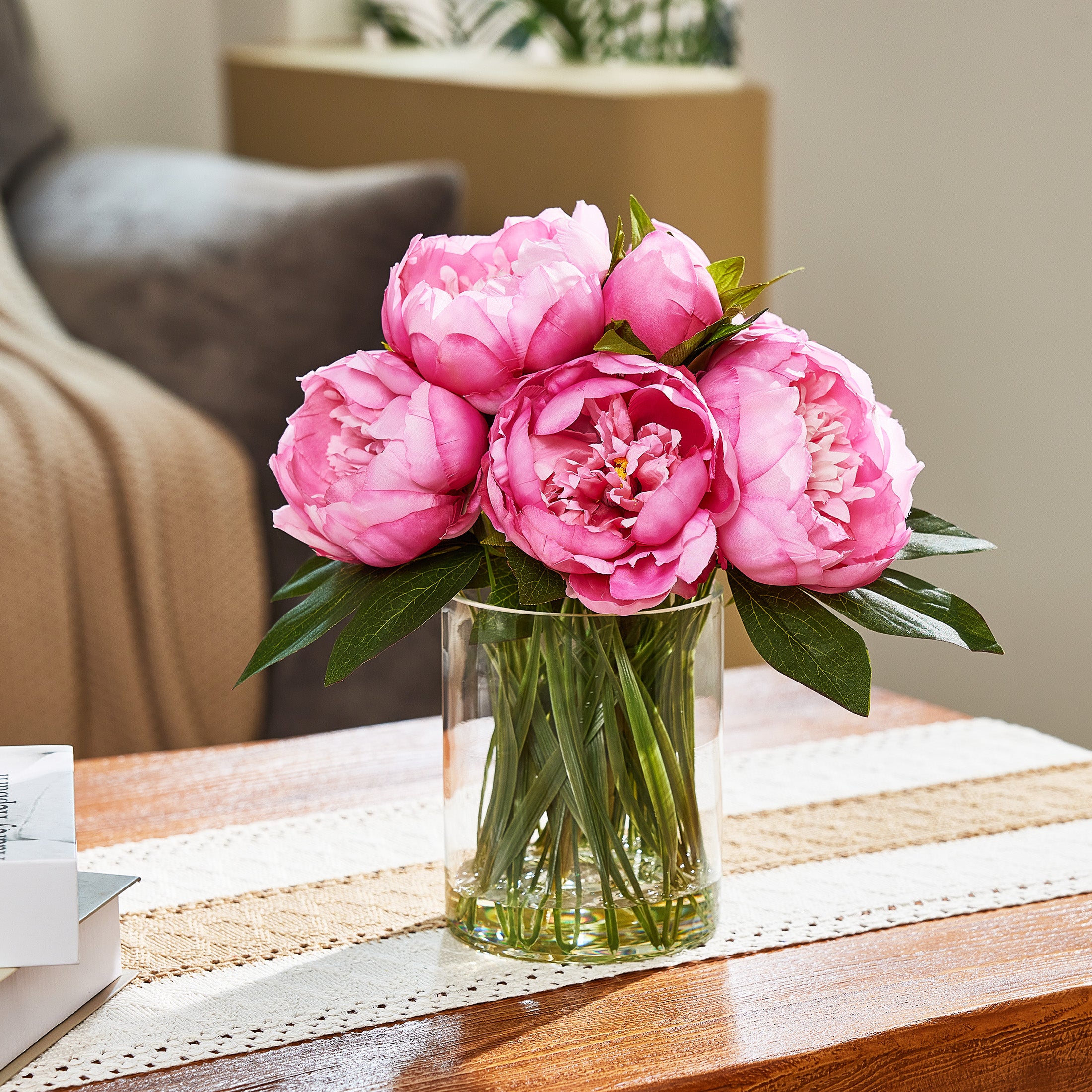 VeriNatural 12” Artificial Peony in Vase with Faux Water, Peach-Red or Purple-Red Silk Arrangement, 9-10 Blooms, 82 Leaves, 9 Stems, Home & Office Decor