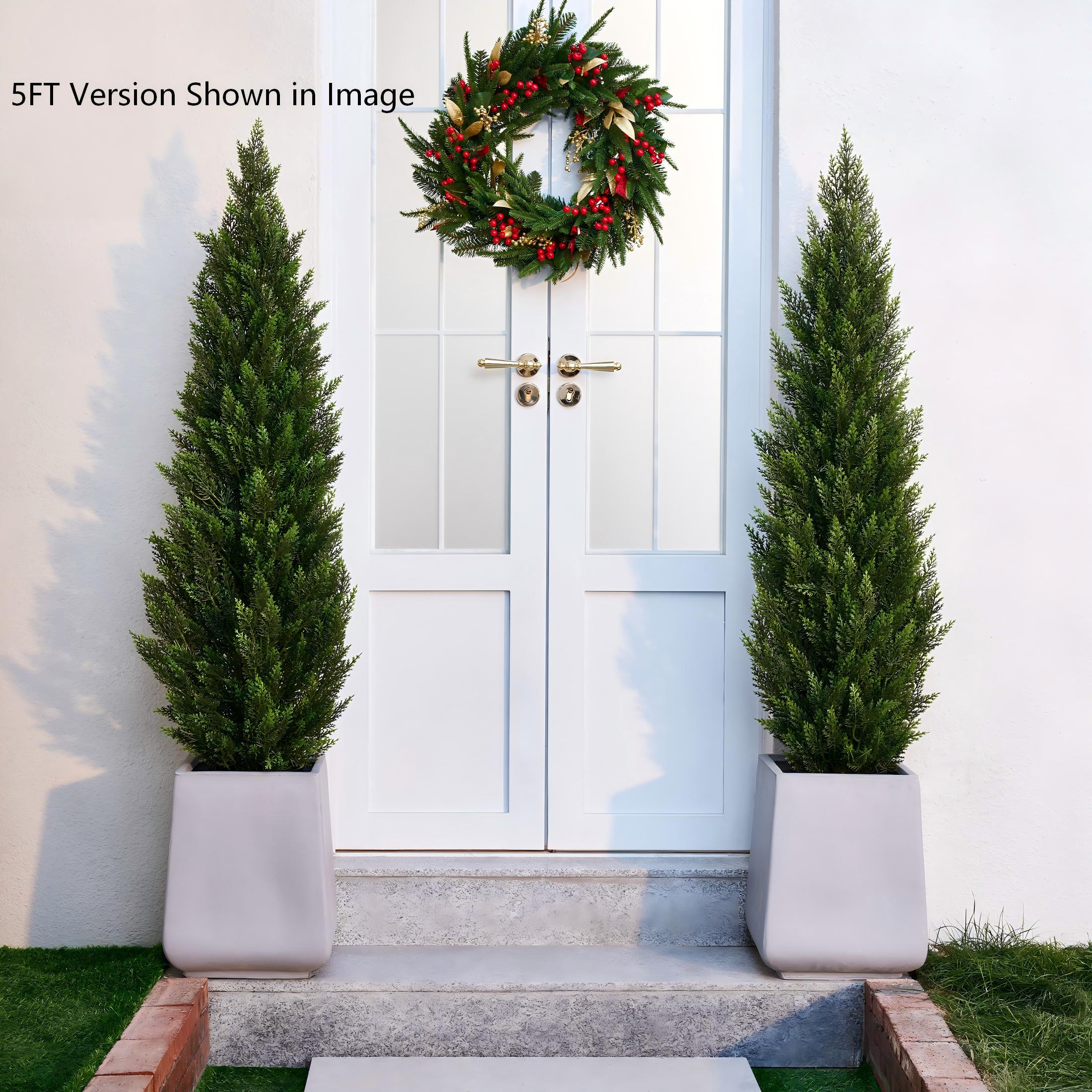 VeriNatural 2-Pack Artificial Cedar Topiary Trees, 3FT/4FT/5FT Tall Faux Cypress Plants for Outdoor Indoor, Realistic Front Porch & Front Door Decor