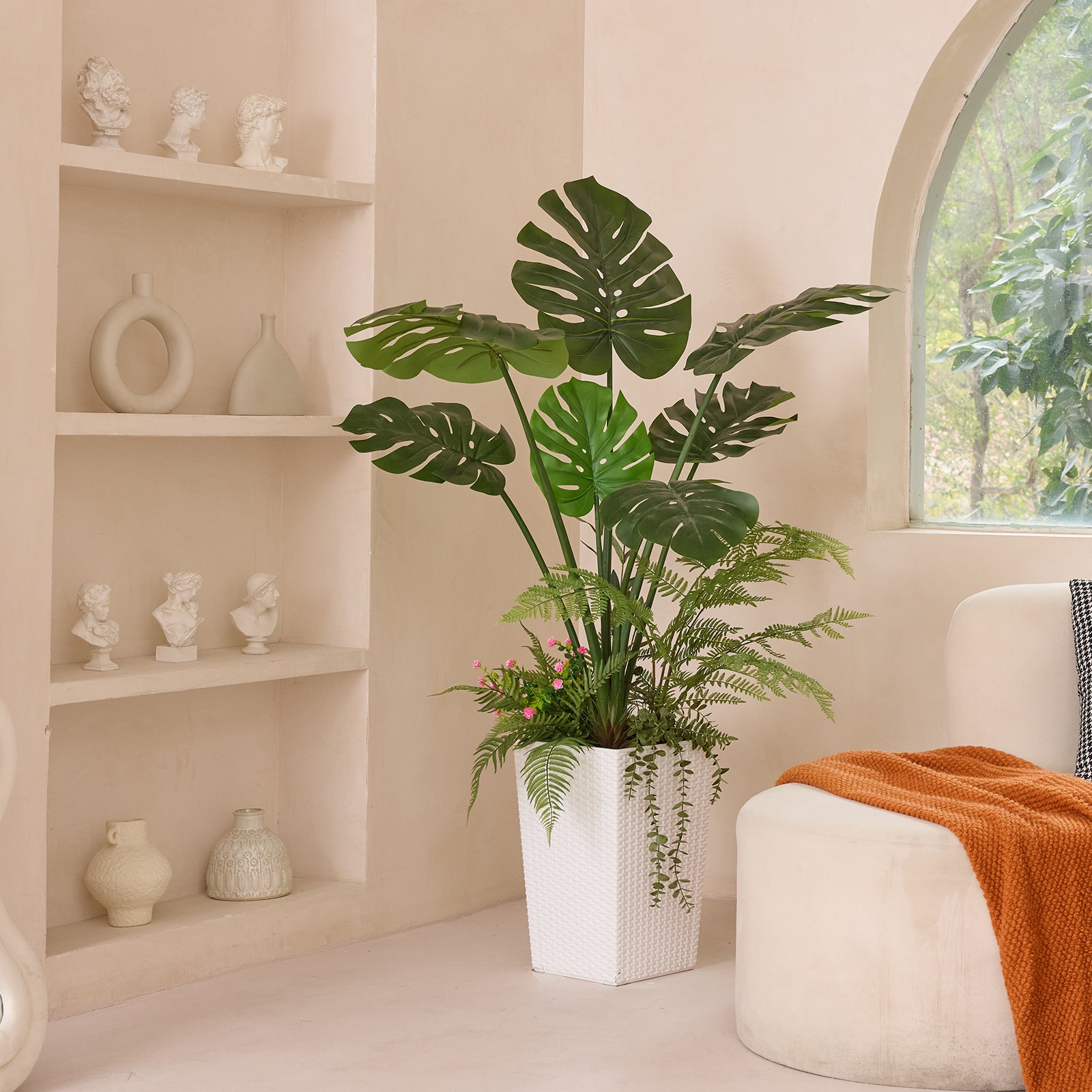 VeriNatural 4FT Mixed Fern and Monstera Deliciosa Artificial Plants with Black Taper Planter for Indoor & Outdoor (VN150)