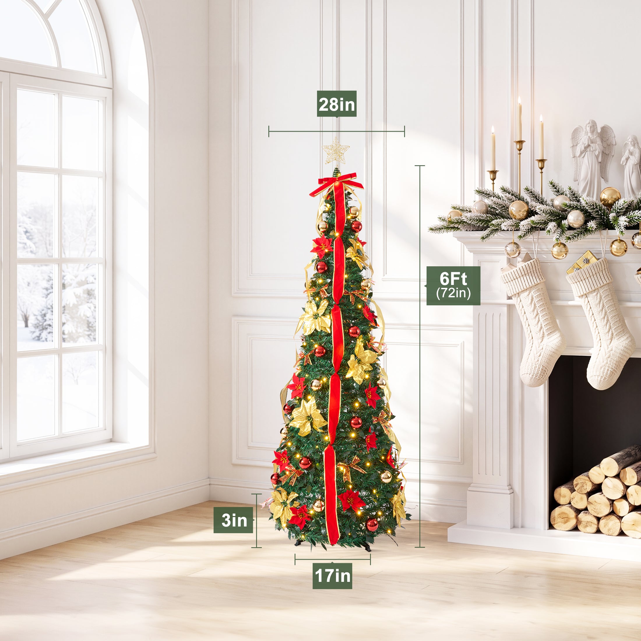 VeriNatural 6FT Pop Up Christmas Tree with Red Ribbon & LED Lights, Pre-Decorated Collapsible Artificial Xmas Tree, Easy Setup Holiday Decor