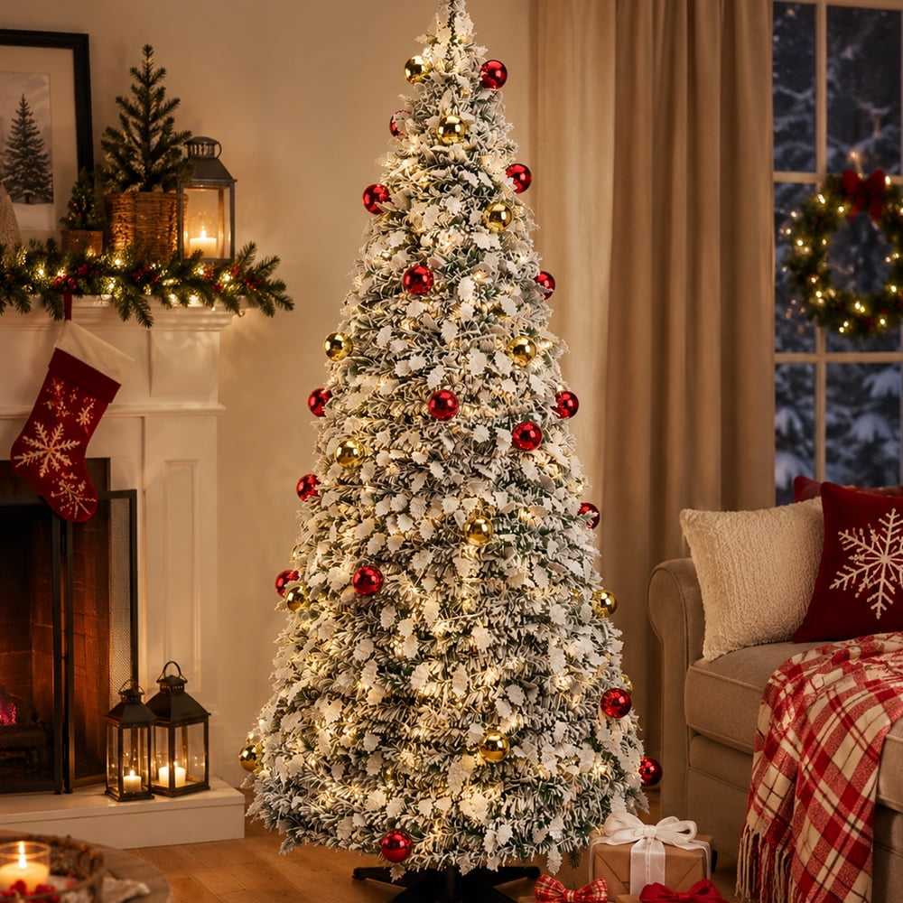 DR.Planzen 6FT Snow Flocked Pop Up Christmas Tree - Pre Lit Foldable Pre Decorated Artificial Xmas Tree with 150 LED Warm White Lights, Star, 50 Ornaments for Home Office Holiday Decor