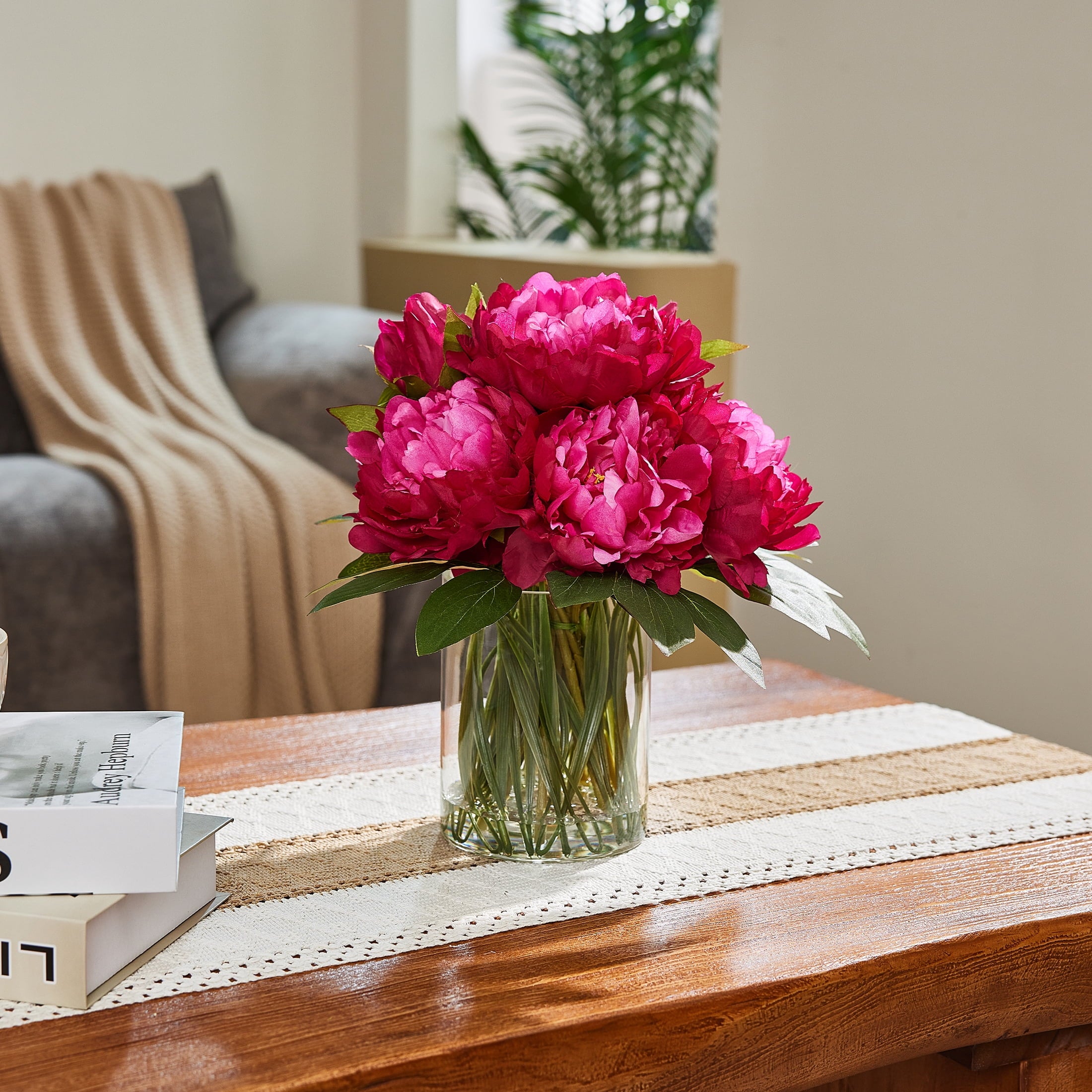DR.Planzen Artificial Peony in Vase with Faux Water, 1 Potted Purple-Red Silk Peony Arrangement, 10 Blooms 82 Leaves 9 Stems 2 Branch Types, 12" Home & Office Decor