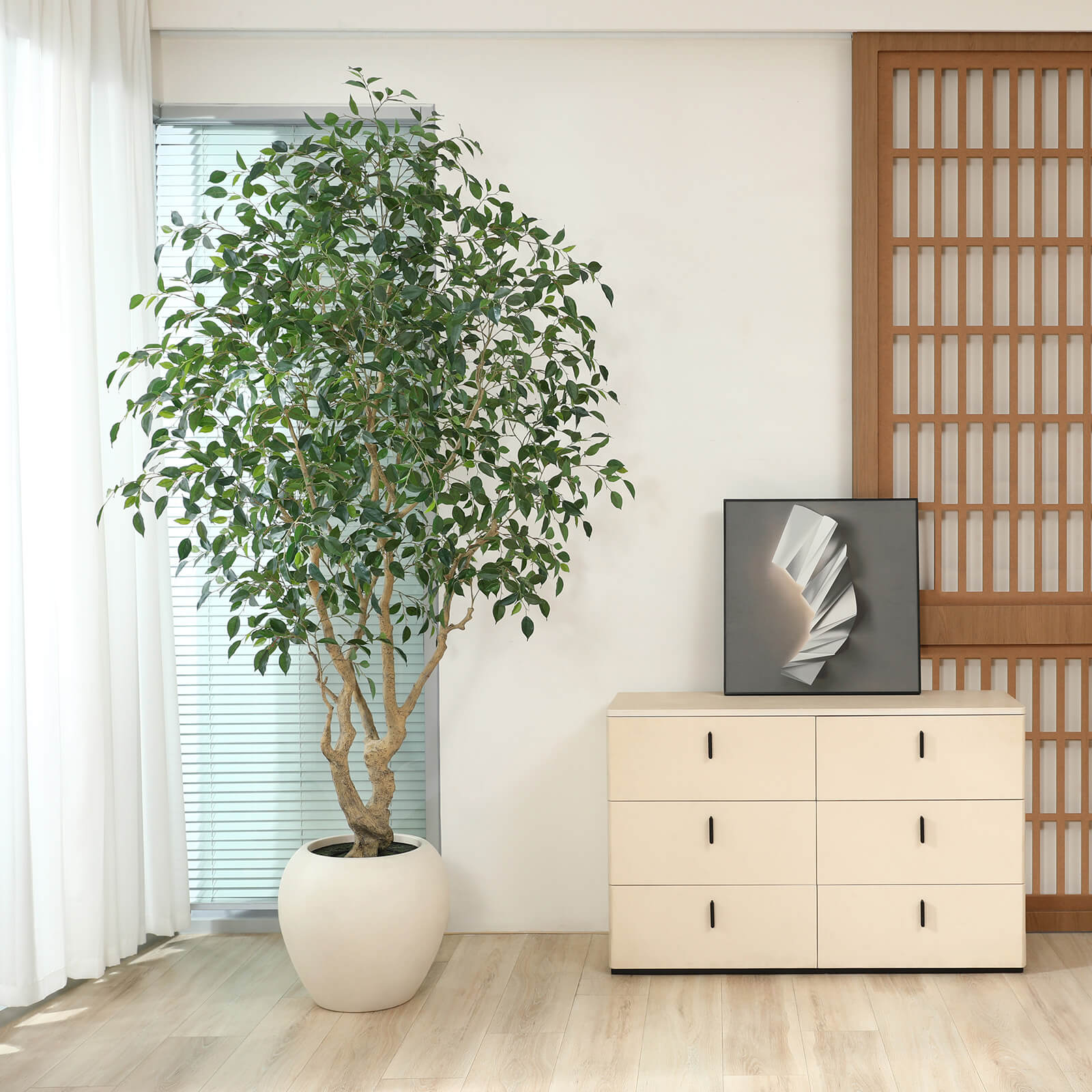 VeriNatural 8FT Artificial Ficus Tree with Custom White Pot for Indoor