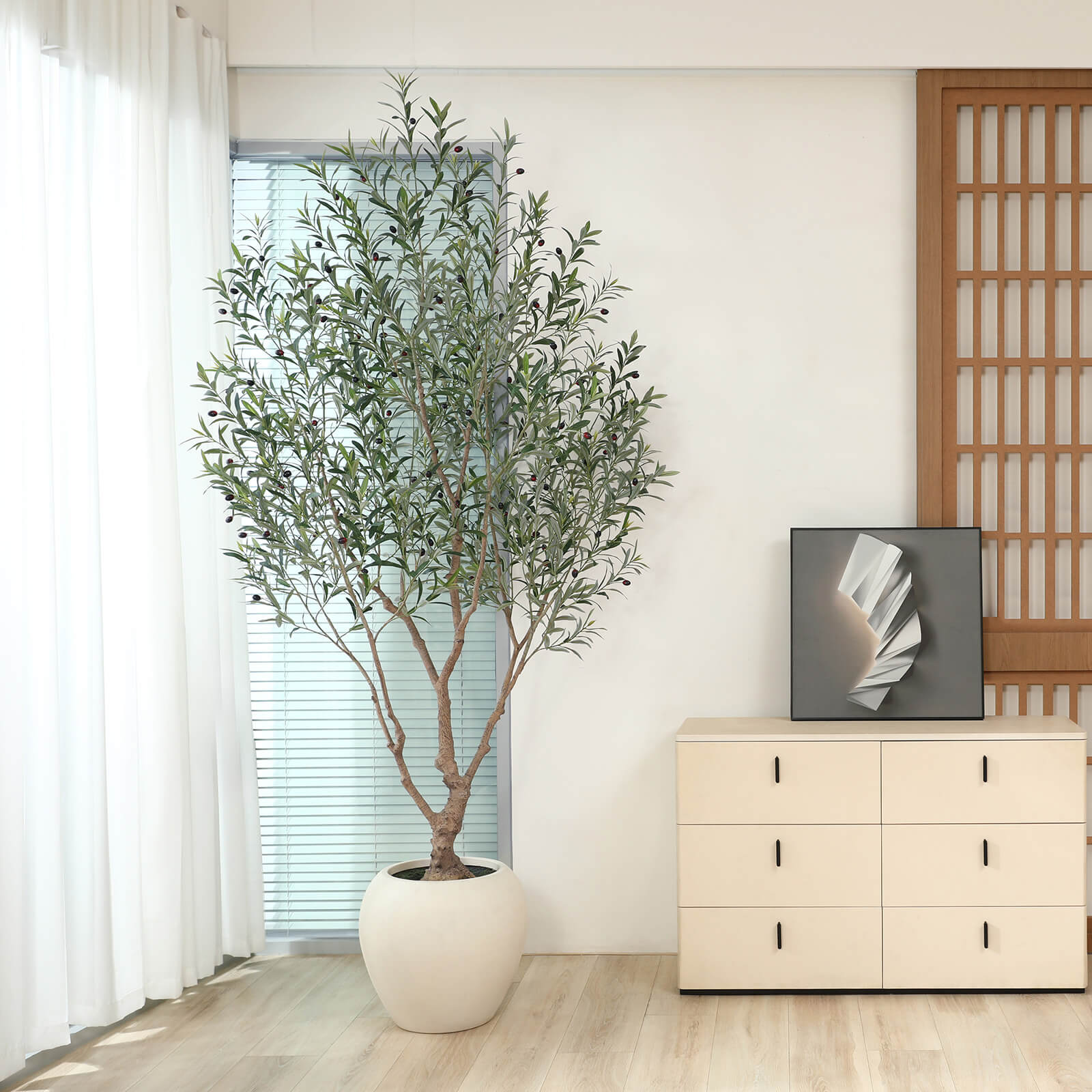 VeriNatural 8FT Artificial Olive Tree with Custom White Pot for Indoor