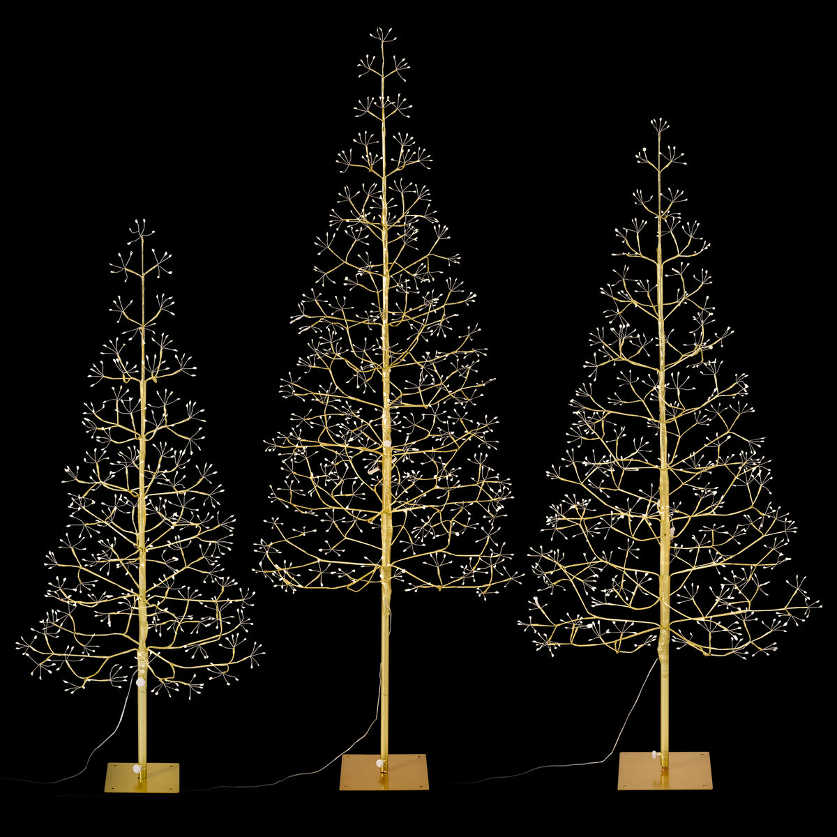 3-Piece Pre-Lit Starburst Gold Christmas Tree Set (4FT, 5FT, 6FT) - Slim Artificial Holiday Trees with Metal Base, Indoor
