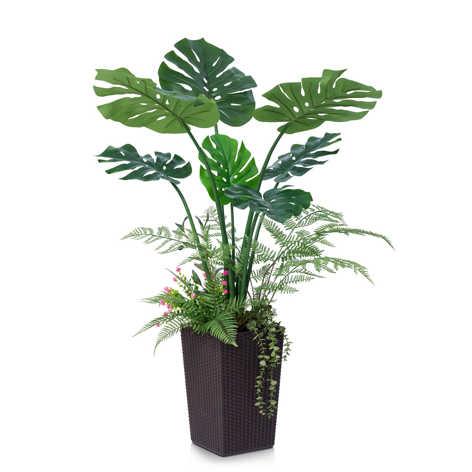 VeriNatural 4FT Mixed Fern and Monstera Deliciosa Artificial Plants with Black Taper Planter for Indoor & Outdoor (VN150)