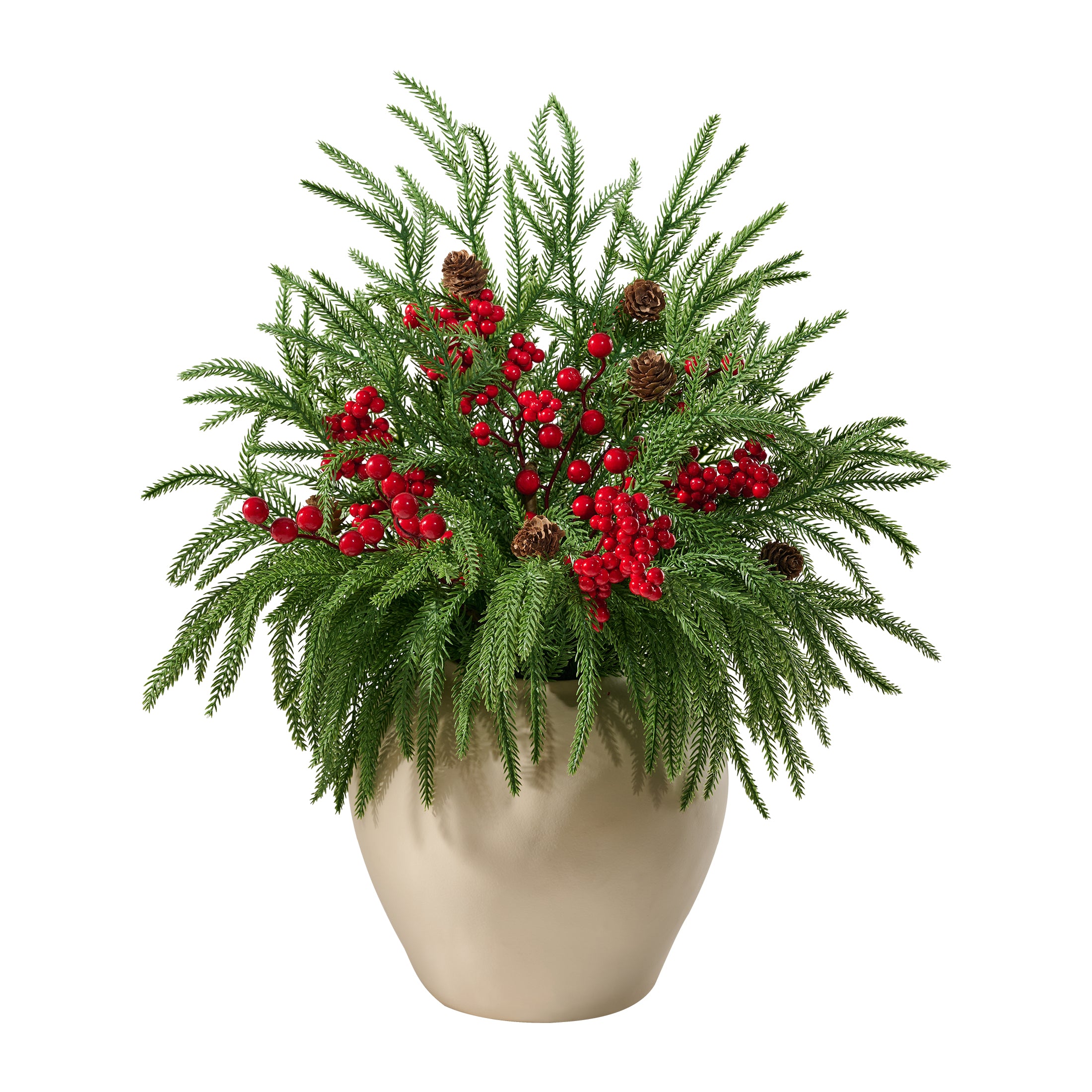 VeriNatural 22" Red Berry & Pinecone Artificial Christmas Plant in Decorative Pot – Realistic Norfolk Pine Centerpiece with 300 PE Leaves, Indoor Holiday Tabletop Decor