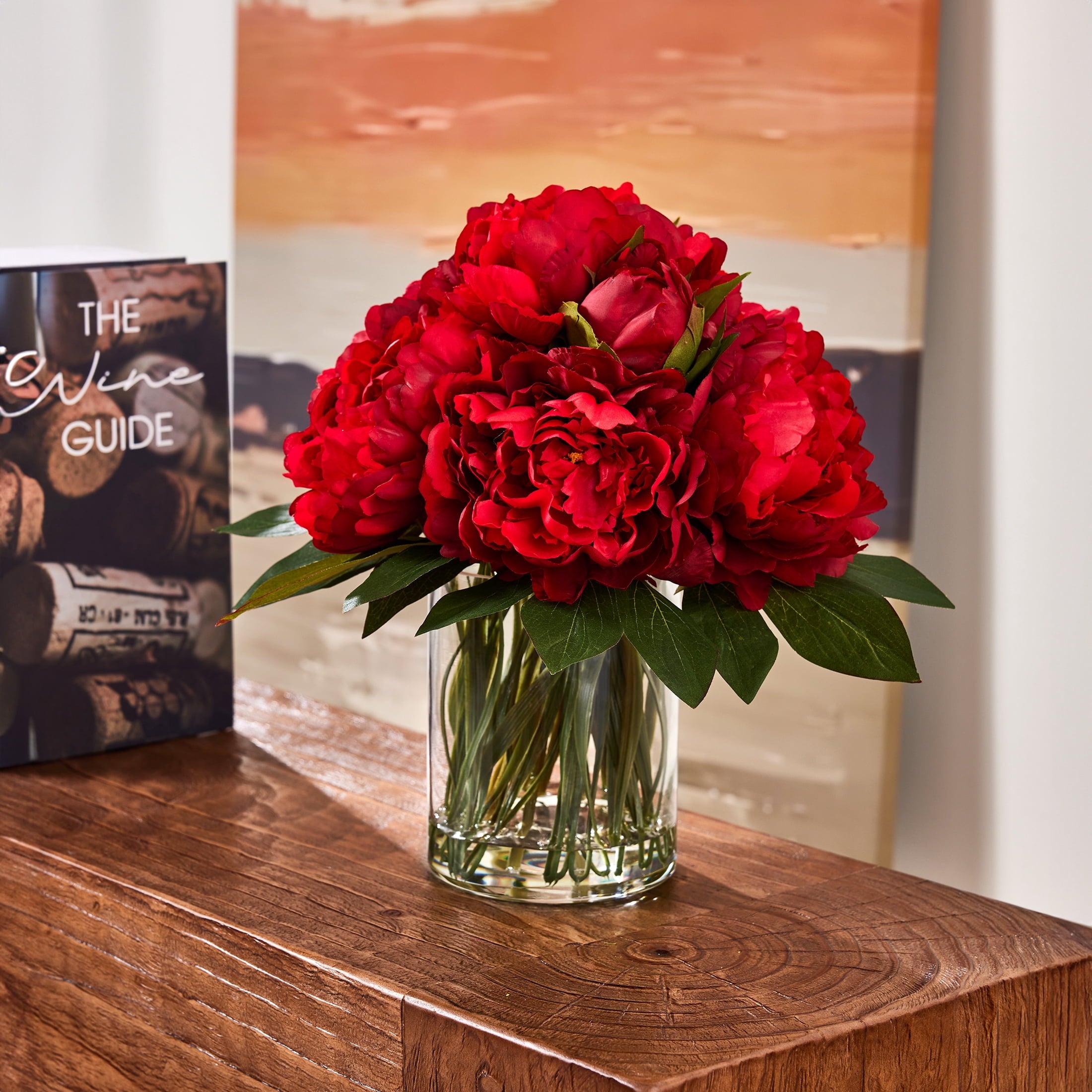 DR.Planzen 12in Artificial Peonies with Vase Red Artificial Peony Flower Arrangement ¨C 9 Bloom Realistic Faux Peonies in Glass Vase with Faux Water for Table Centerpiece Wedding Home Office Decor