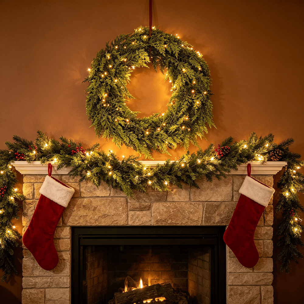 DR.Planzen 2 Pack 6FT Artificial Norfolk Pine Garland with LED Lights, 1200 PE Tips Prelit Christmas Garland, Lighted Artificial Pine Garland - 100 Warm White LEDs for Mantel Fireplace Table