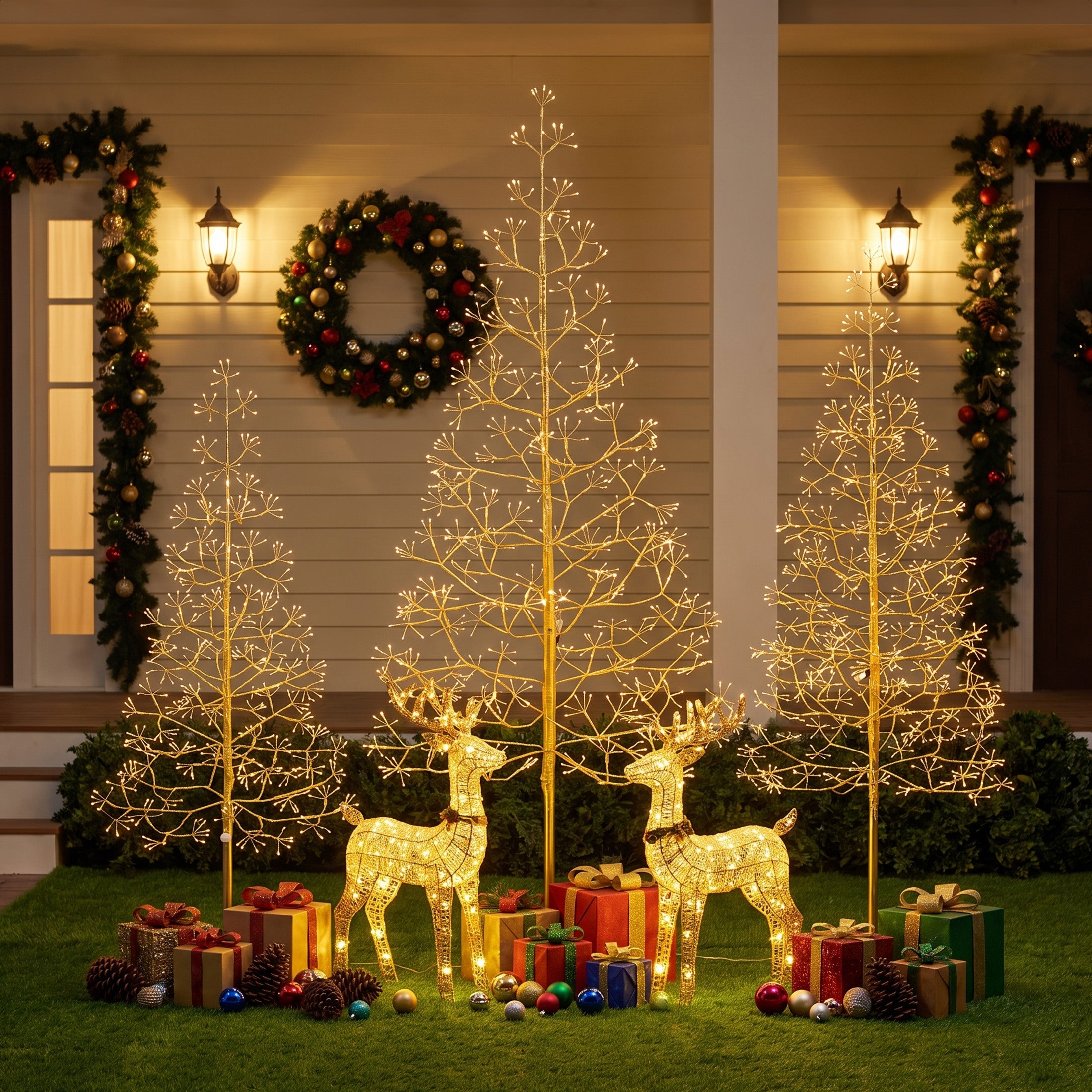 VeriNatural 3-Piece Pre-Lit Starburst Gold Christmas Tree Set (4FT, 5FT, 6FT) – Slim Artificial Holiday Trees with Metal Base, Indoor & Outdoor Christmas Decor