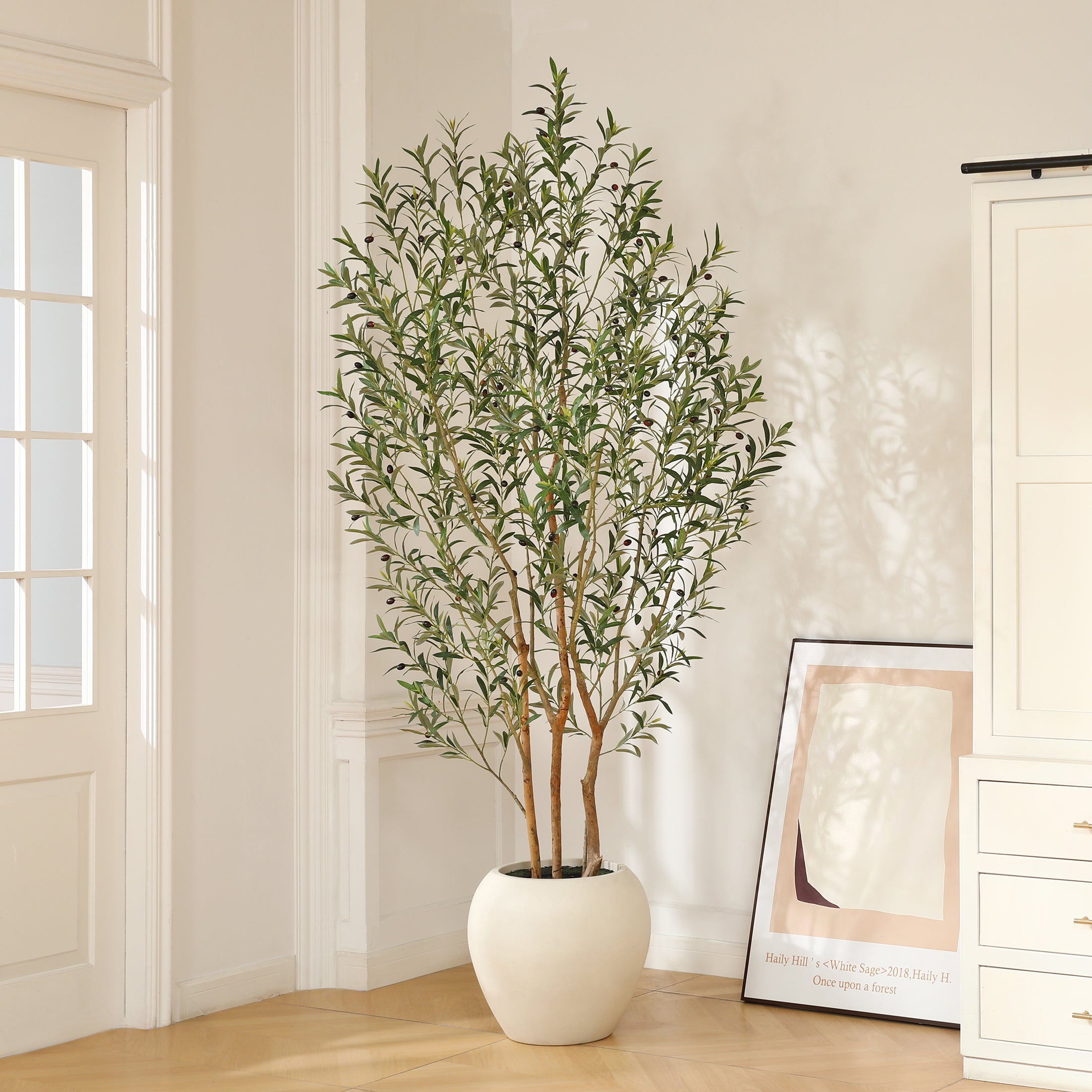 VeriNatural 8FT Artificial Real Trunks Olive Tree with Custom White Pot for Indoor