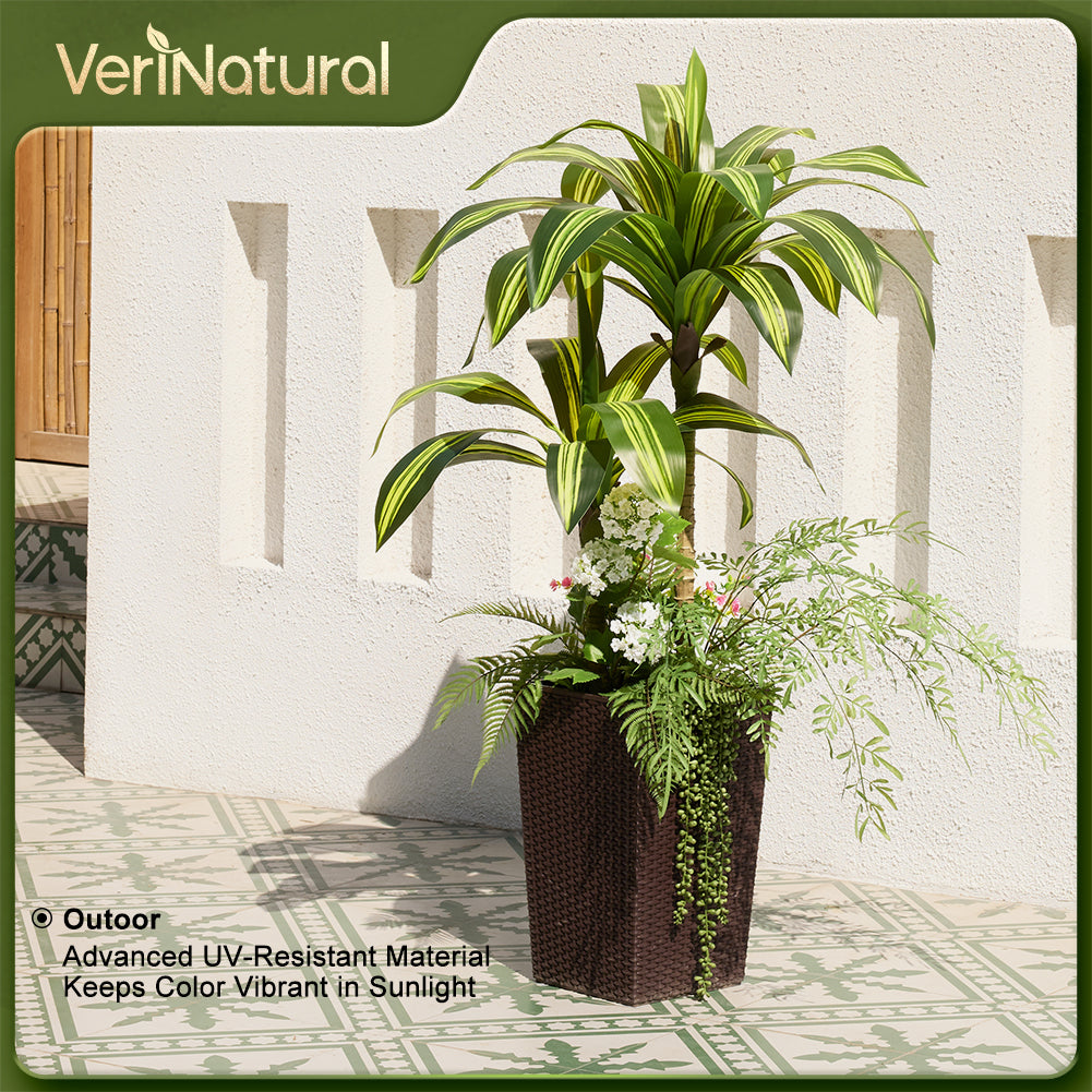 VeriNatural 4FT Mixed Fern and Dracaena Artificial Plants with Black Taper Planter for Indoor & Outdoor (1/2-Pack)（VN151）
