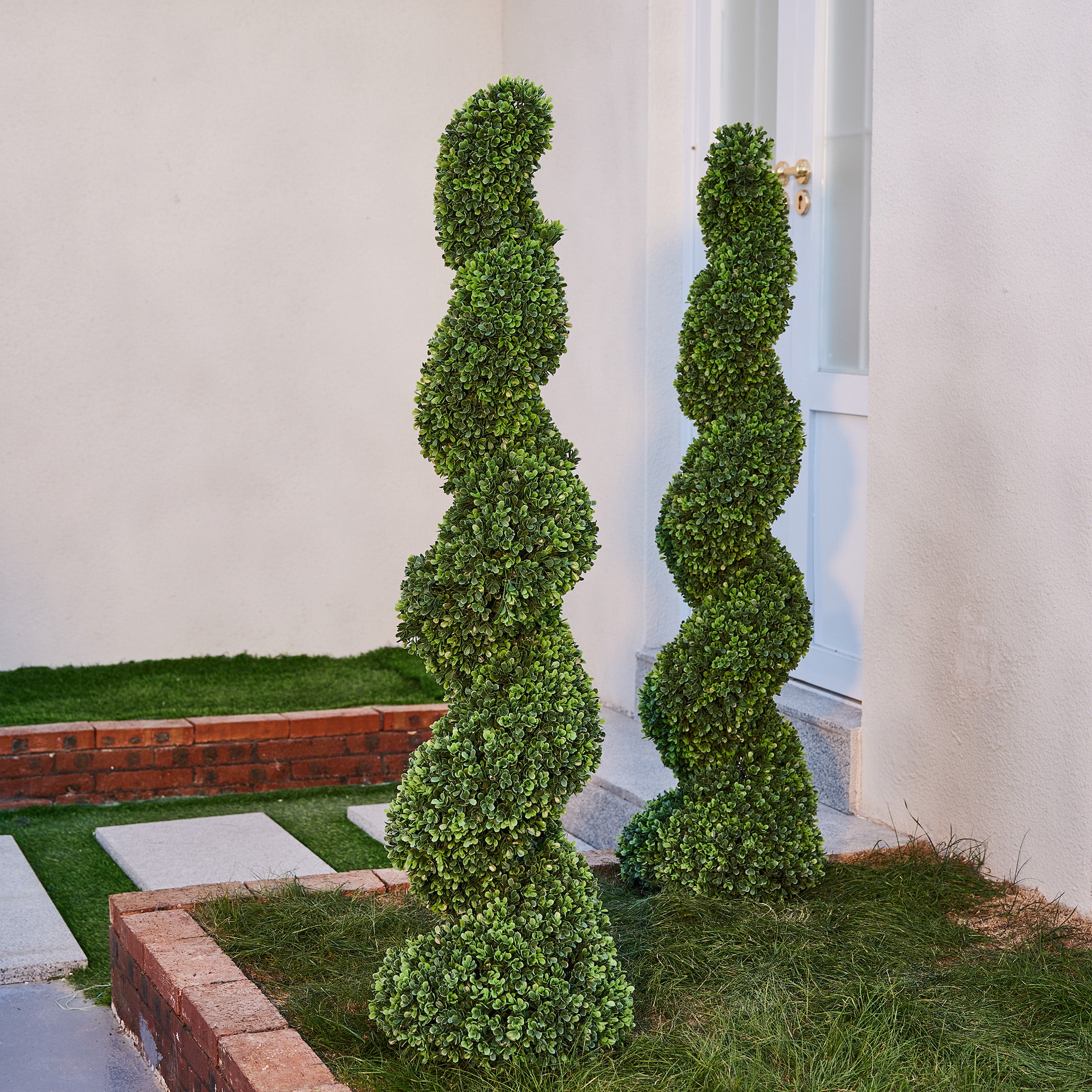 VeriNatural 1/2 Pack 4FT Artificial Spiral Topiary Tree – UV Resistant Faux Boxwood Plant with Metal Spikes for Indoor & Outdoor Garden, Porch & Patio Decor