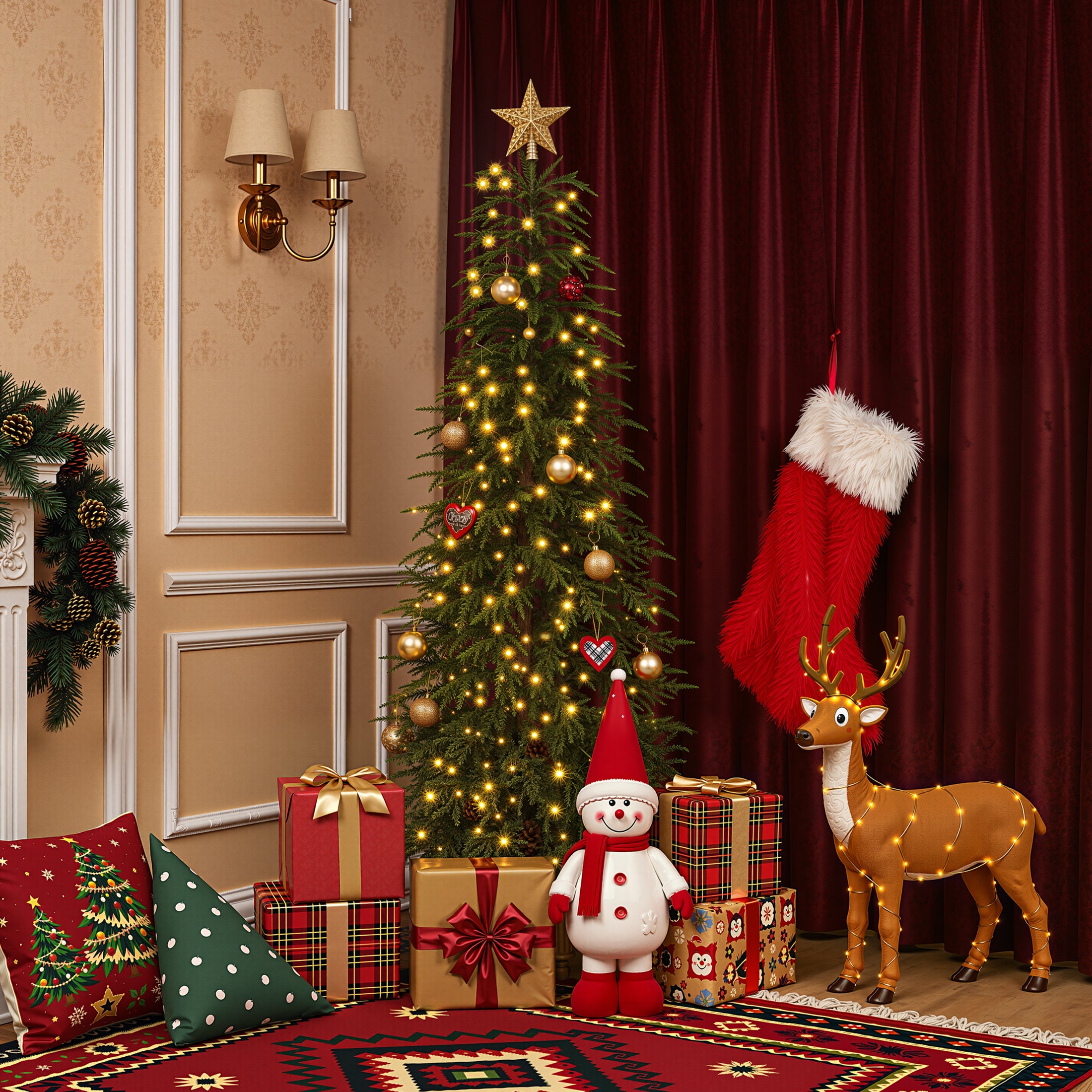 VeriNatural 5/6/7FT Artificial Green Cypress Christmas Tree, Full-Bodied Holiday Tree with Pre-Lit or Unlit Options, Metal Stand, Indoor Xmas Decor