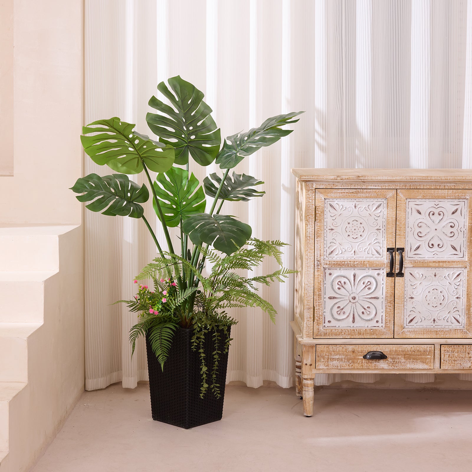 VeriNatural 4FT Mixed Fern and Monstera Deliciosa Artificial Plants with Black Taper Planter for Indoor & Outdoor (VN150)