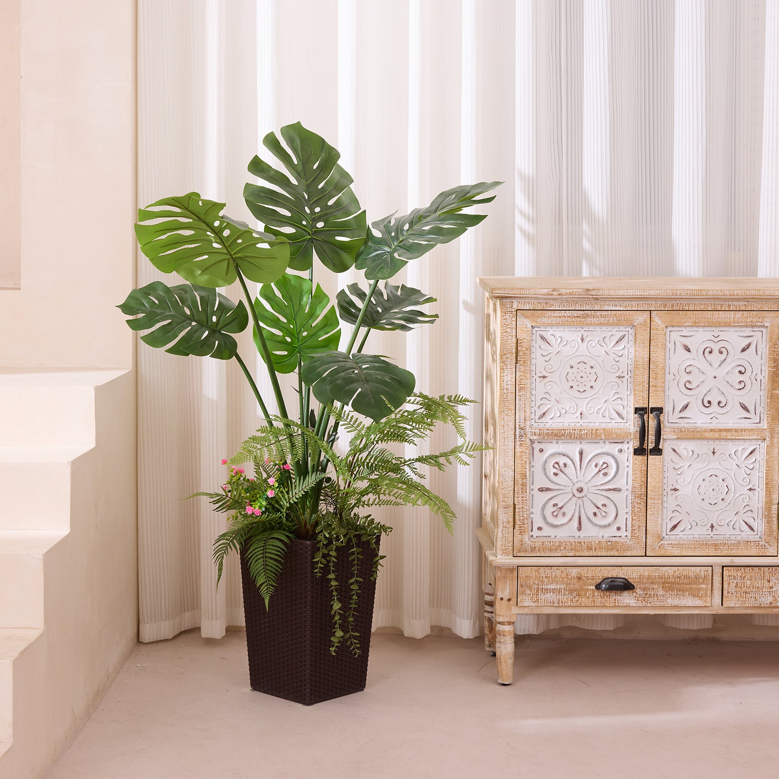 VeriNatural 4FT Mixed Fern and Monstera Deliciosa Artificial Plants with Black Taper Planter for Indoor & Outdoor (VN150)