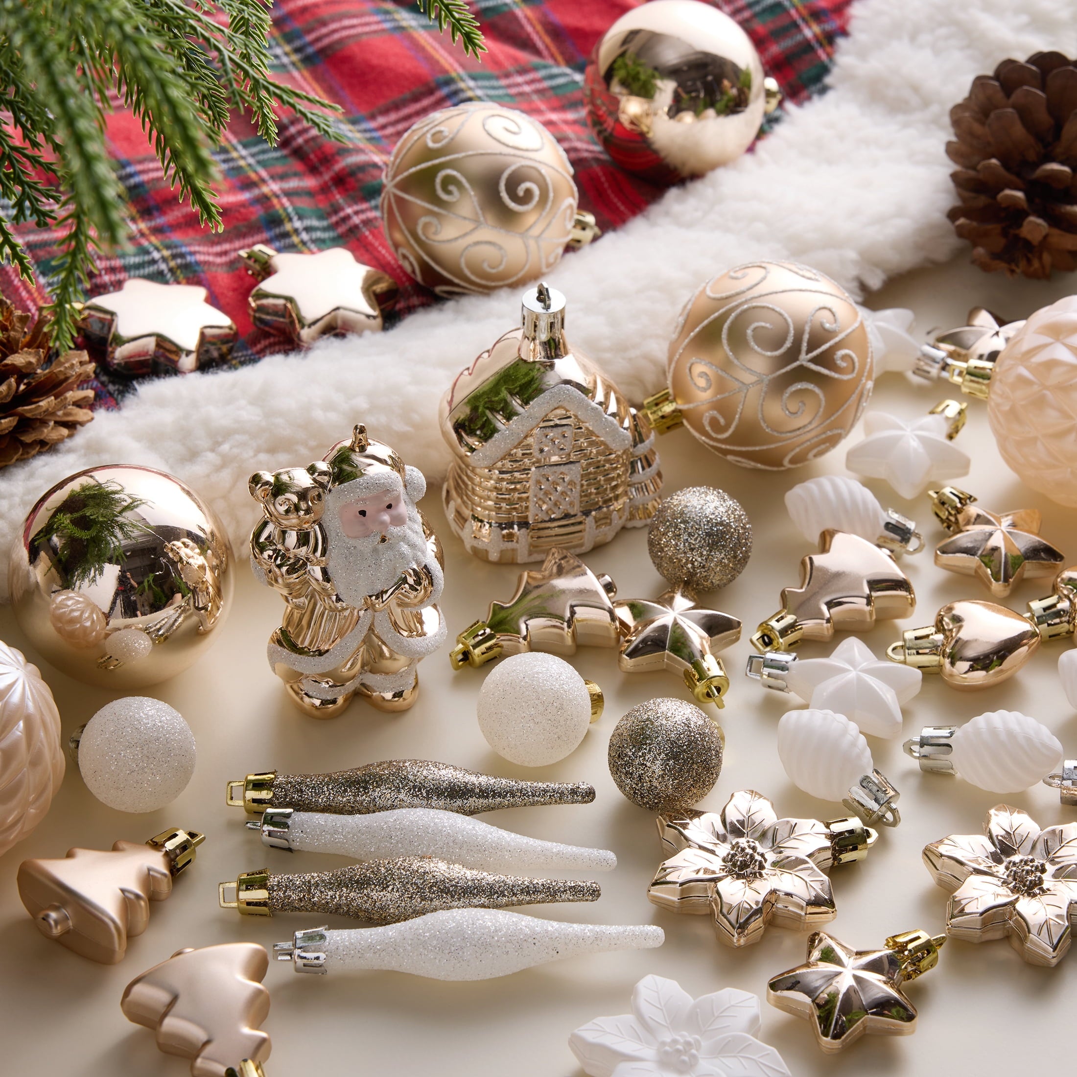 DR.Planzen 44ct Rose Gold & White Christmas Ornaments Set, Assorted 2.36" & 1.18" Embossed Glazed Holiday Balls with Snowflakes & Stars, Trendy Indoor Decor