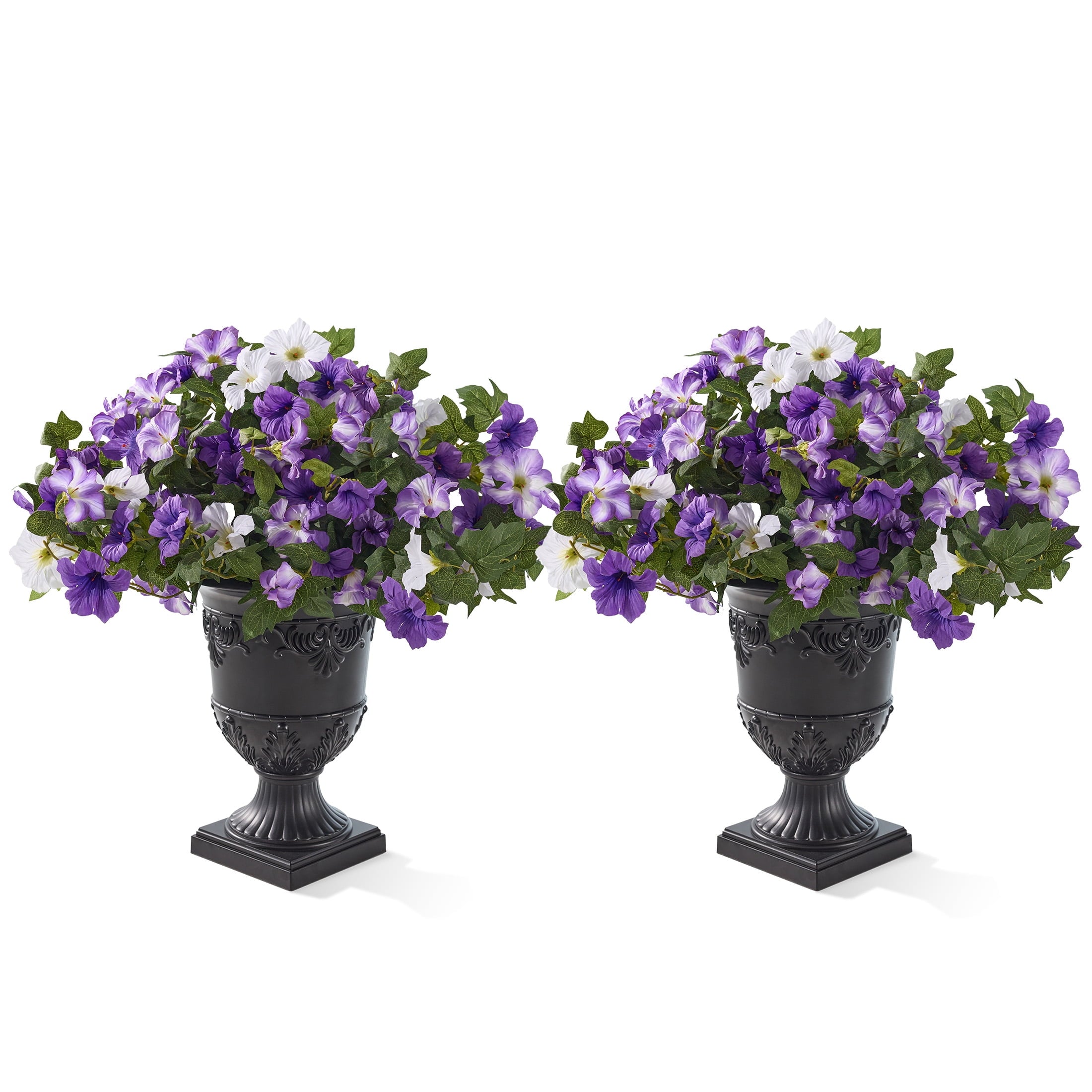 DR.Planzen 2 Pack 28in Artificial Morning Glory Flowers Faux Flower Potted Plants Porch Decor - 81 Purple White Blooms in Black Urn Planter - Indoor Covered Porch Decor for Entryway Patio Home Office