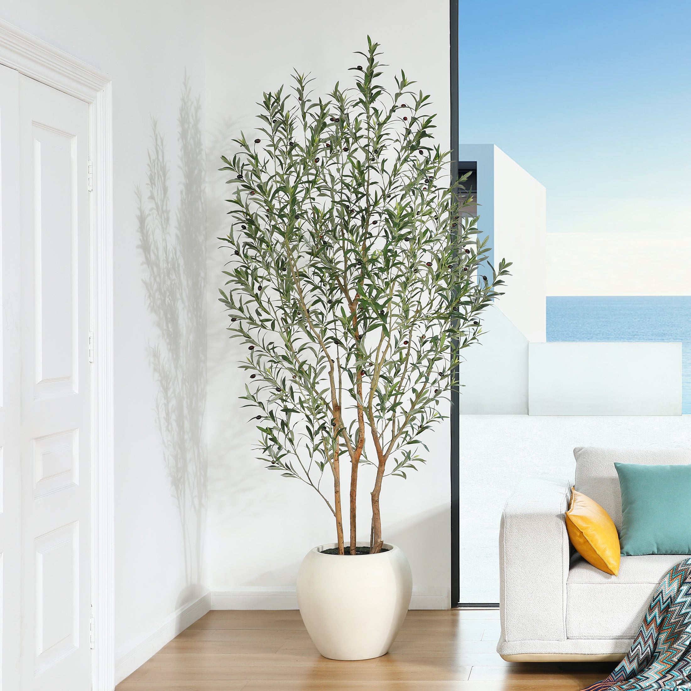 VeriNatural 8FT Artificial Real Trunks Olive Tree with Custom White Pot for Indoor