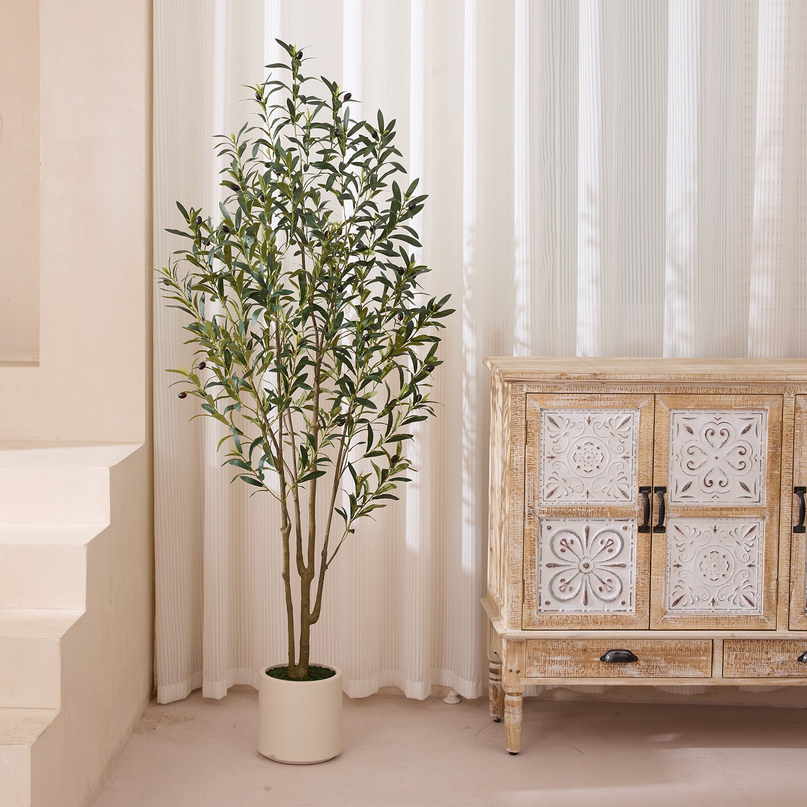 VeriNatural 5/6/7FT UV Resistant Artificial Olive Tree with 1365 Leaves in White Decorative Planter for Indoor & Outdoor（VN158）
