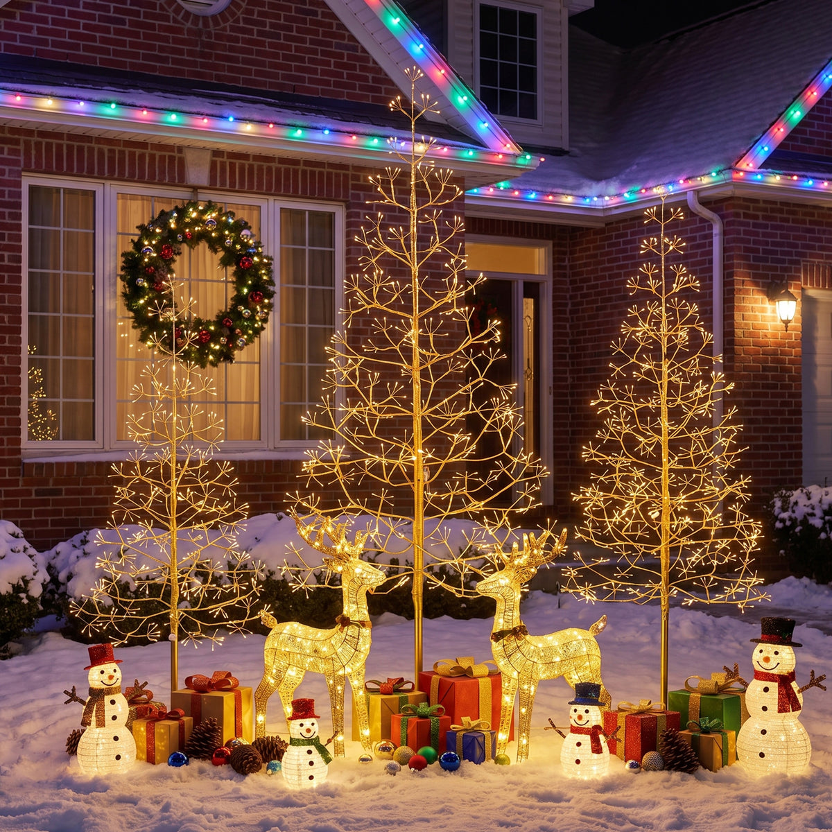 3-Piece Pre-Lit Starburst Gold Christmas Tree Set (4FT, 5FT, 6FT) - Slim Artificial Holiday Trees with Metal Base, Indoor