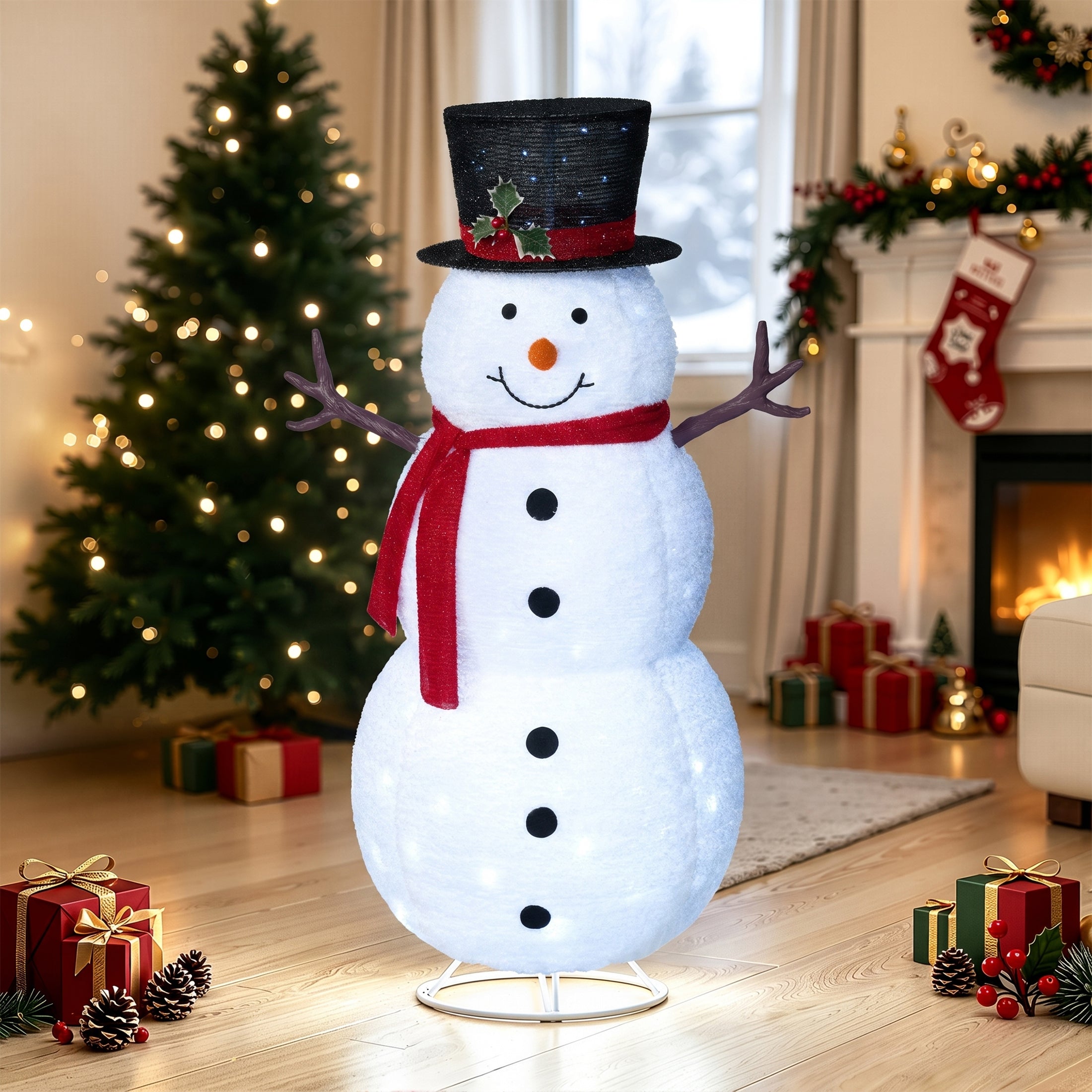 VeriNatural 3FT/4FT Pre-Lit Christmas Snowman Decoration – Lighted Fabric Snowman with Top Hat & Red Scarf, Indoor & Outdoor Holiday Yard & Home Decor
