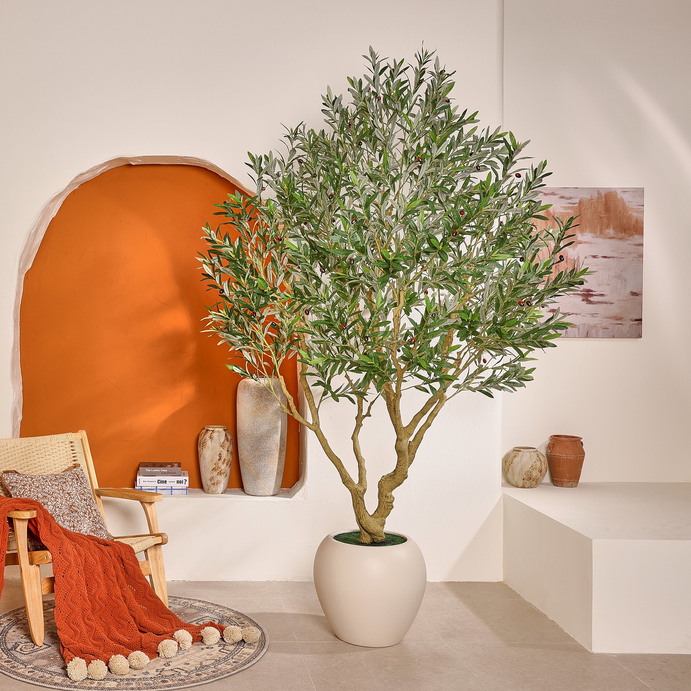 VeriNatural 8FT Faux Olive Tree with 18in White Planter, Tall Artificial Olive Plant with Lifelike Fruits for Indoor Home Office Decor（VN205）