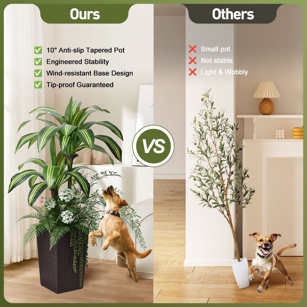 VeriNatural 4FT Mixed Fern and Dracaena Artificial Plants with Black Taper Planter for Indoor & Outdoor (1/2-Pack)（VN151）
