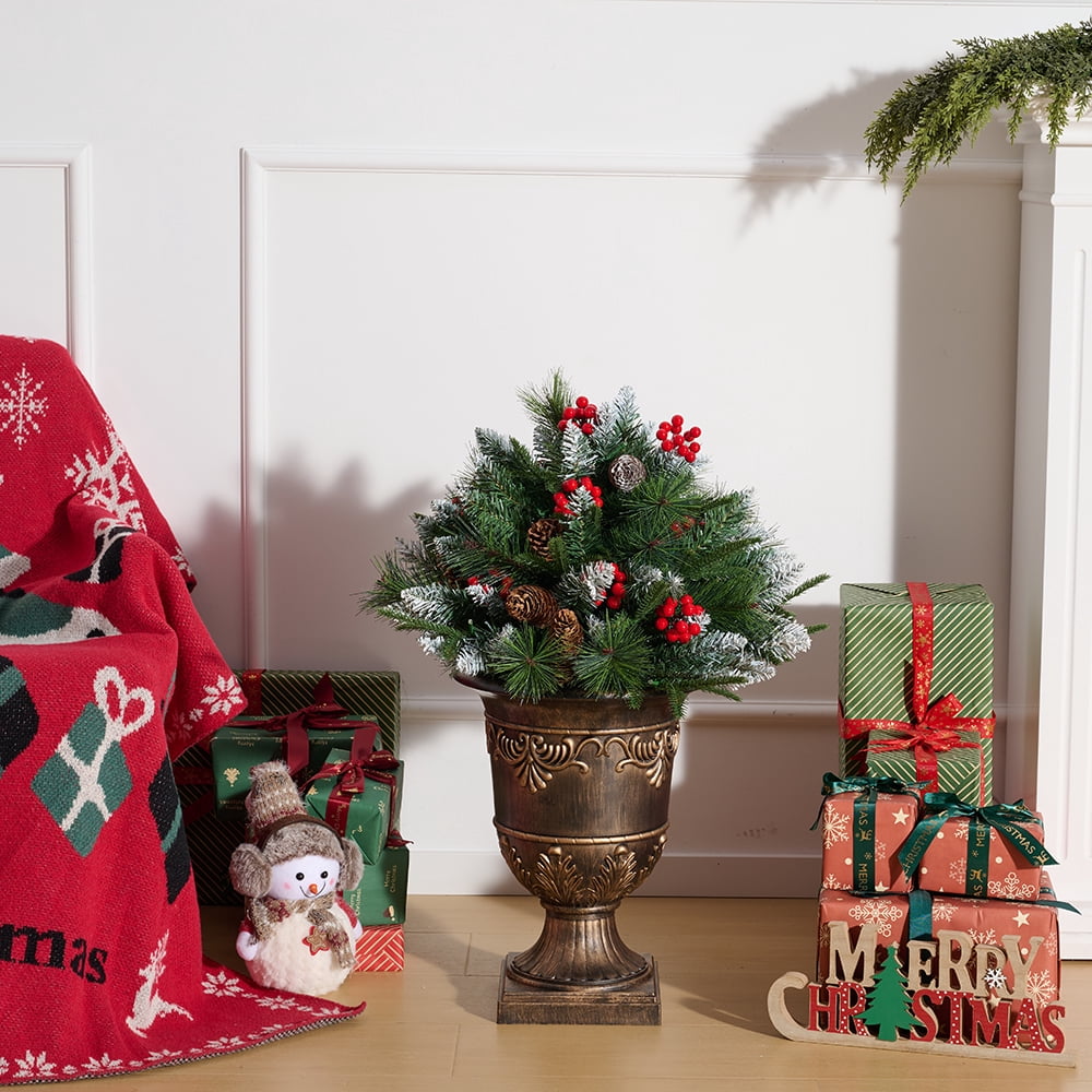 DR.Planzen 2 Pack 28in Pre-Lit Mini Artificial Christmas Tree with Urn Base, 8 Lighting Modes LED, Flocked Branches with Pinecones Red Berries for Front Porch Entrance Home Holiday Decorations