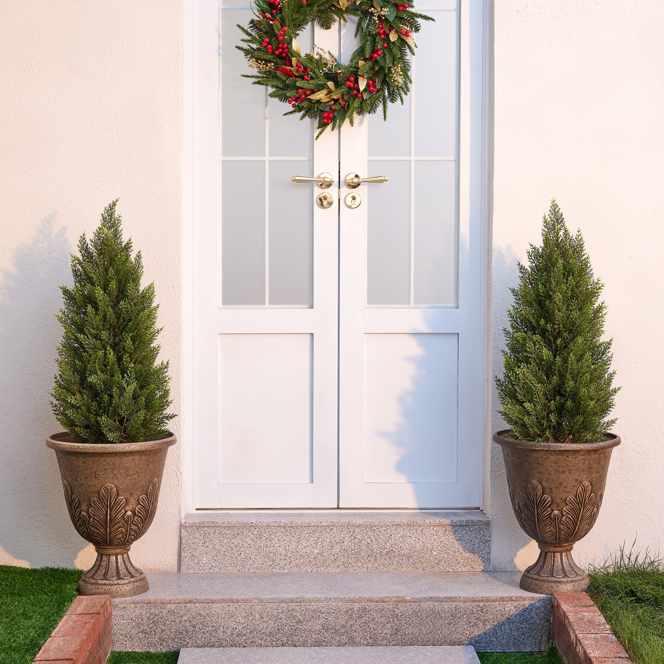 DR.Planzen 2 Pack 3ft Artificial Cedar Tree with Real Wood Trunk, Faux Silk Plant UV Resistant for Indoor Outdoor, Lifelike Fake Potted Tree for Home Office Decor