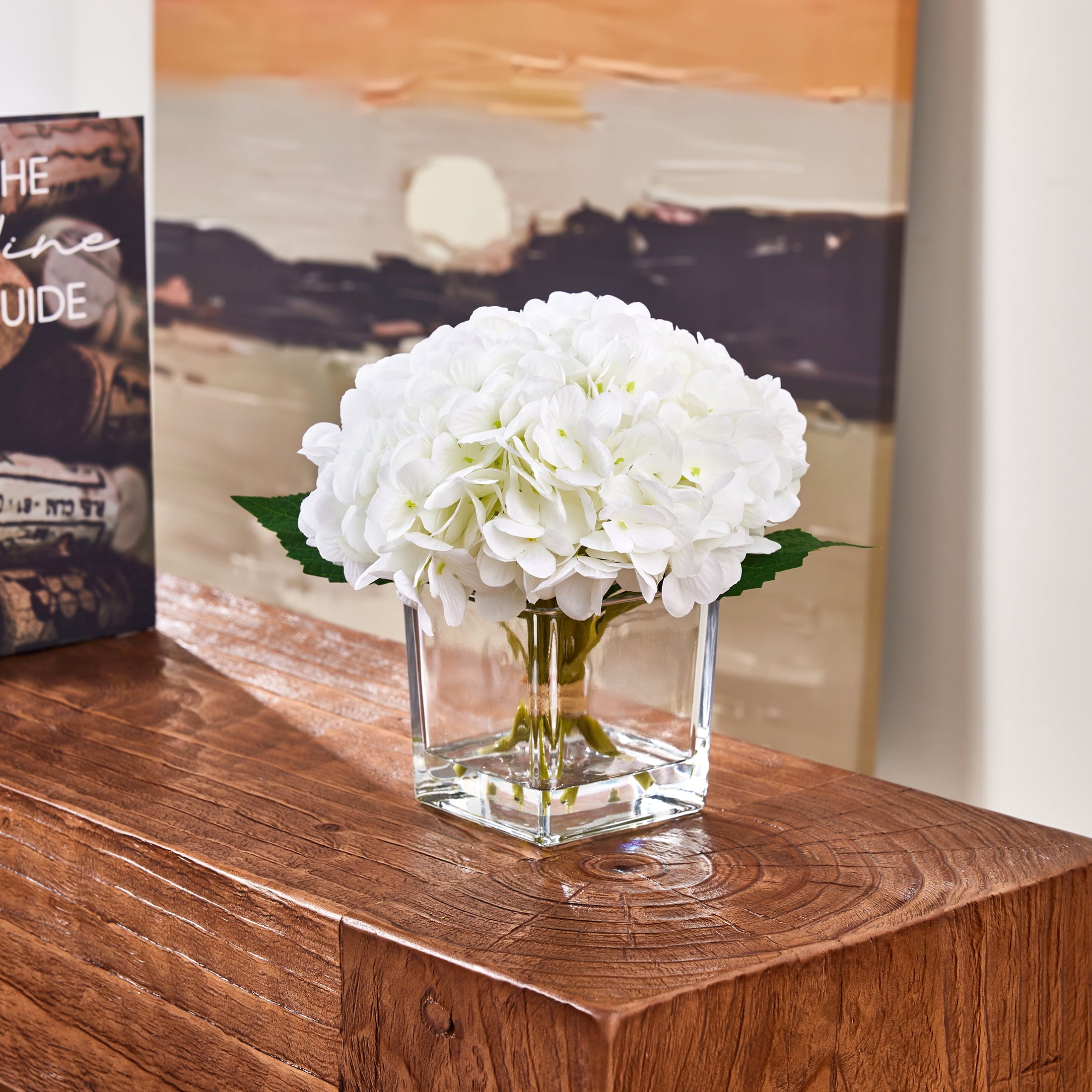 DR.Planzen 8'' Artificial White Hydrangea in Square Glass Vase - Realistic 384-Petal Silk Flower with Faux Water, Home Office Tabletop Decor