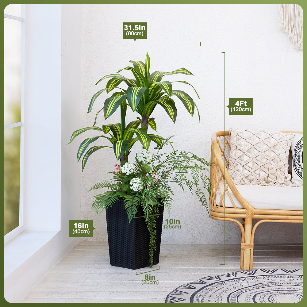 VeriNatural 4FT Mixed Fern and Dracaena Artificial Plants with Black Taper Planter for Indoor & Outdoor (1/2-Pack)（VN151）