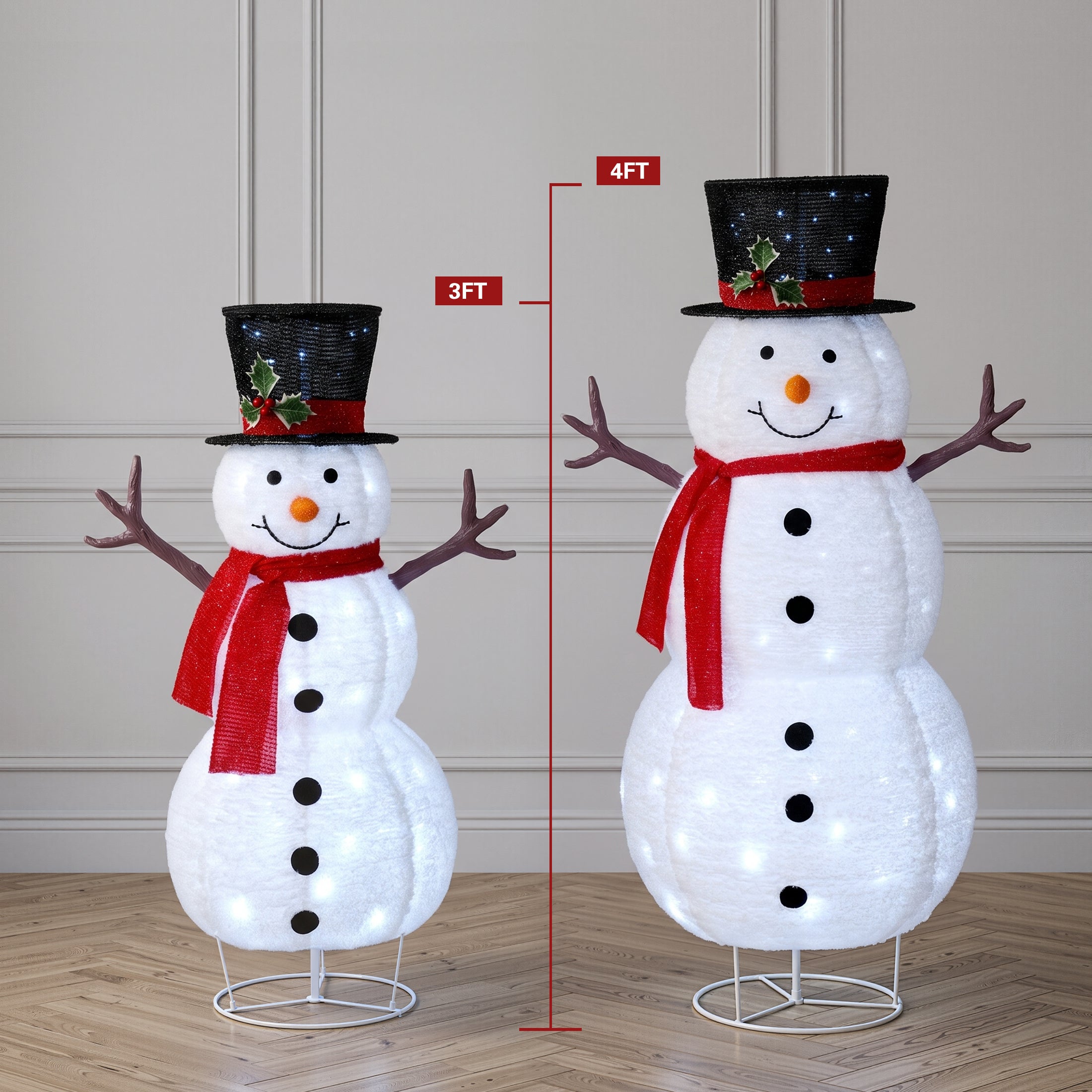 VeriNatural 3FT/4FT Pre-Lit Christmas Snowman Decoration – Lighted Fabric Snowman with Top Hat & Red Scarf, Indoor & Outdoor Holiday Yard & Home Decor