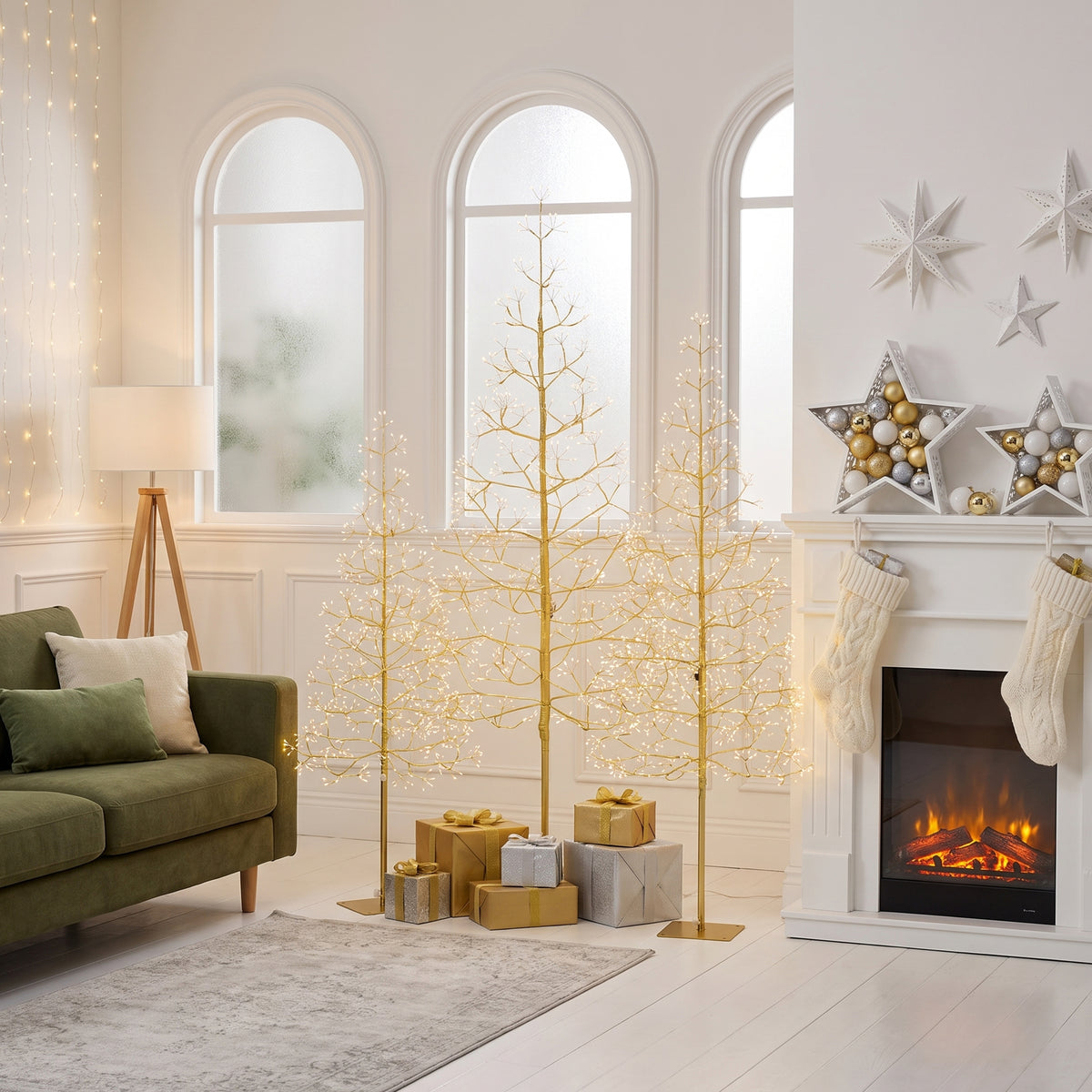3-Piece Pre-Lit Starburst Gold Christmas Tree Set (4FT, 5FT, 6FT) - Slim Artificial Holiday Trees with Metal Base, Indoor