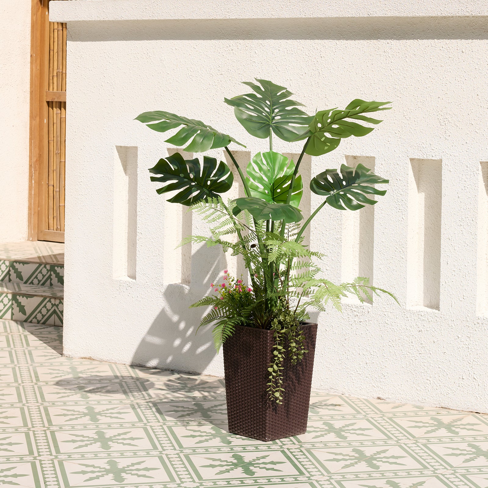 VeriNatural 4FT Mixed Fern and Monstera Deliciosa Artificial Plants with Black Taper Planter for Indoor & Outdoor (VN150)
