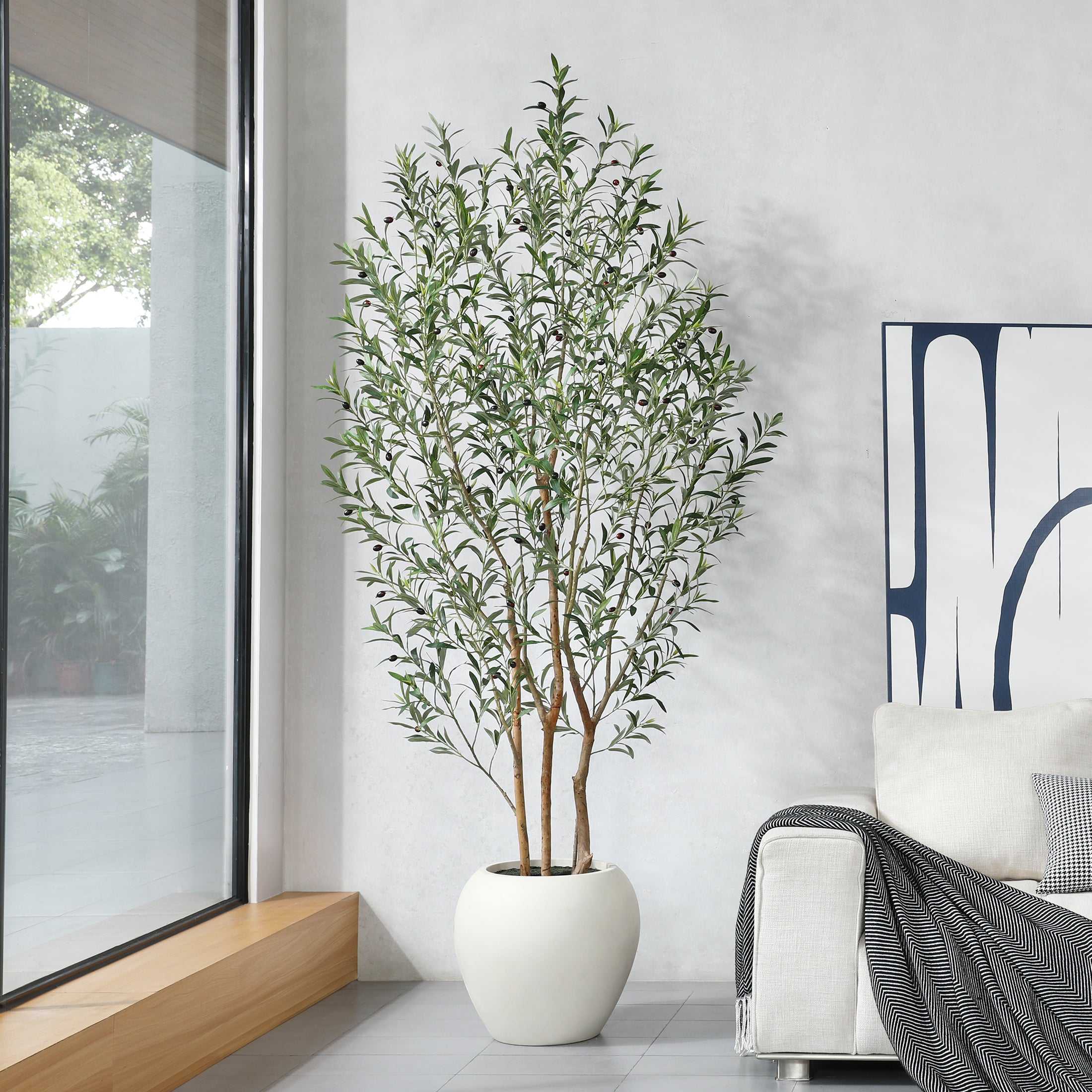 VeriNatural 8FT Artificial Real Trunks Olive Tree with Custom White Pot for Indoor
