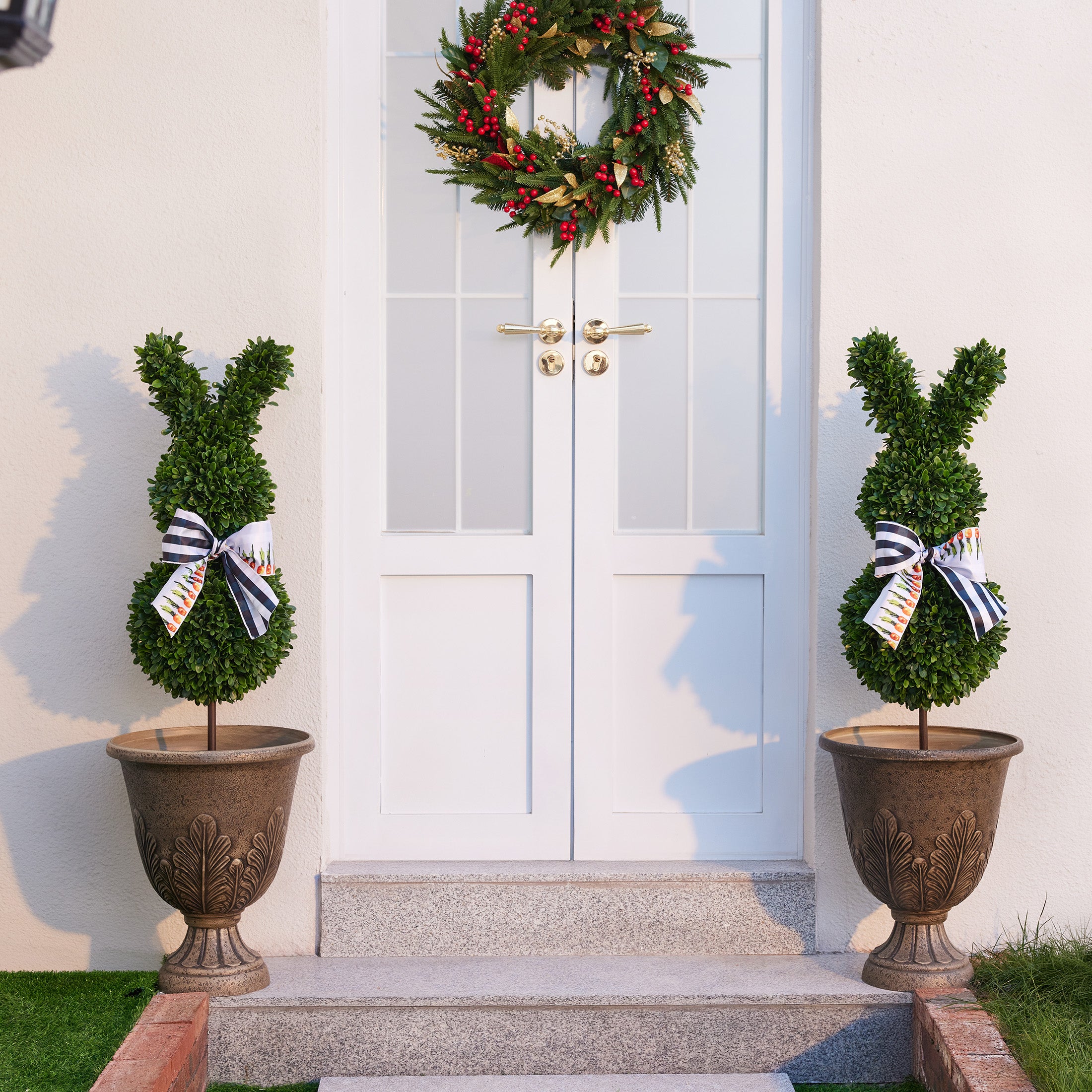 VeriNatural 2 Pack 36-inch Artificial Boxwood Easter Bunny Topiary in Weighted Black Pot, UV-Resistant Faux Plant for Indoor Outdoor Spring Decor