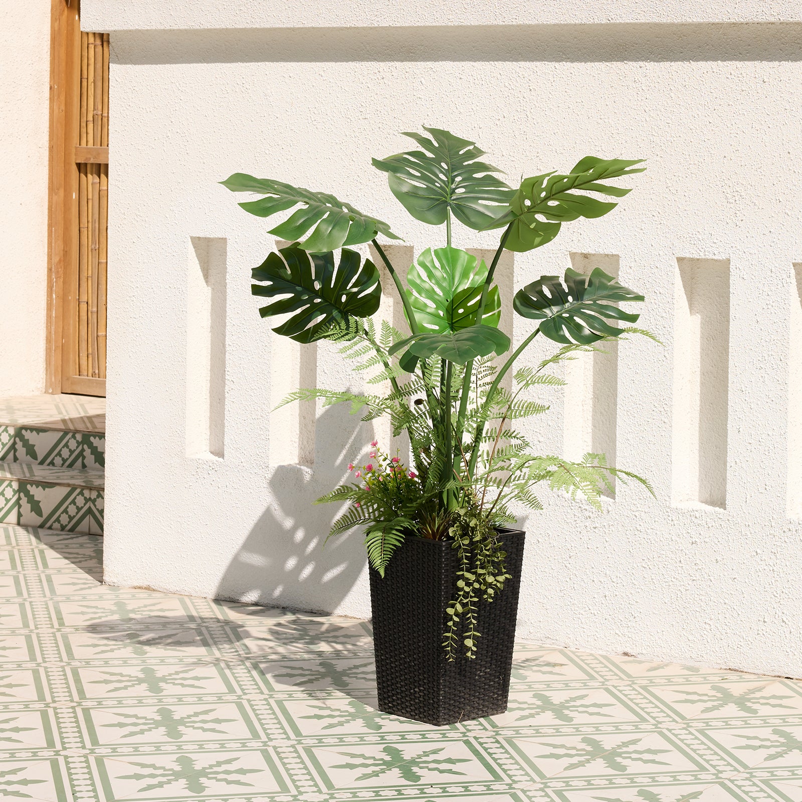 VeriNatural 4FT Mixed Fern and Monstera Deliciosa Artificial Plants with Black Taper Planter for Indoor & Outdoor (VN150)