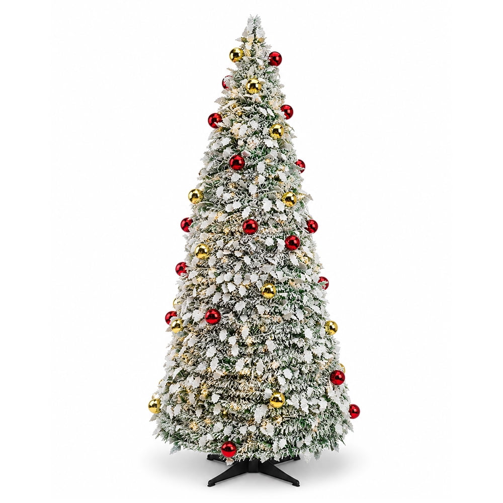 DR.Planzen 6FT Snow Flocked Pop Up Christmas Tree - Pre Lit Foldable Pre Decorated Artificial Xmas Tree with 150 LED Warm White Lights, Star, 50 Ornaments for Home Office Holiday Decor