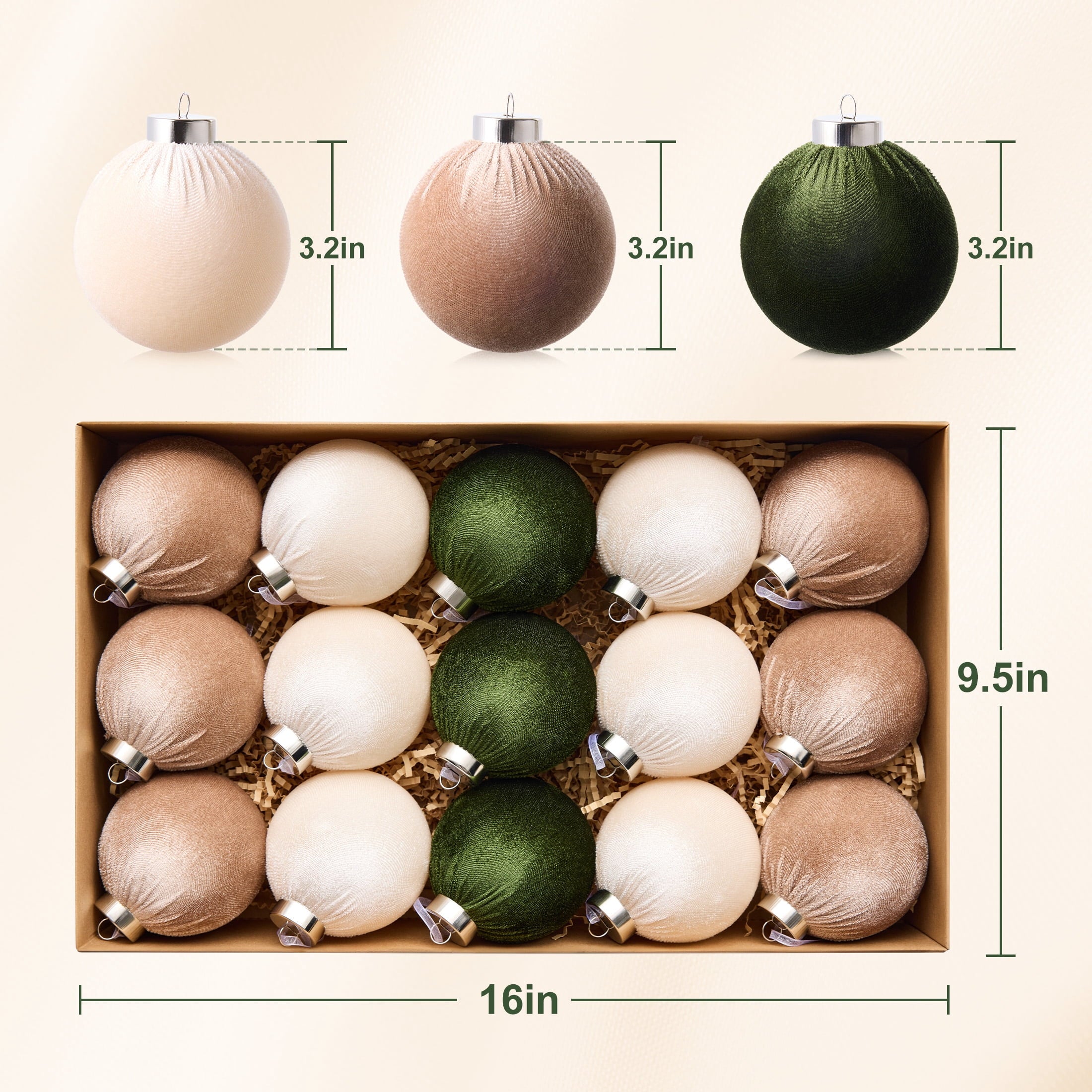 DR.Planzen 15 Pcs Fabric-Wrapped Christmas Ball Ornaments - 3.2 Inch Large Shatterproof Christmas Tree Decorations in Ivory, Khaki and Dark Green for Farmhouse, Woodland and Holiday Decor